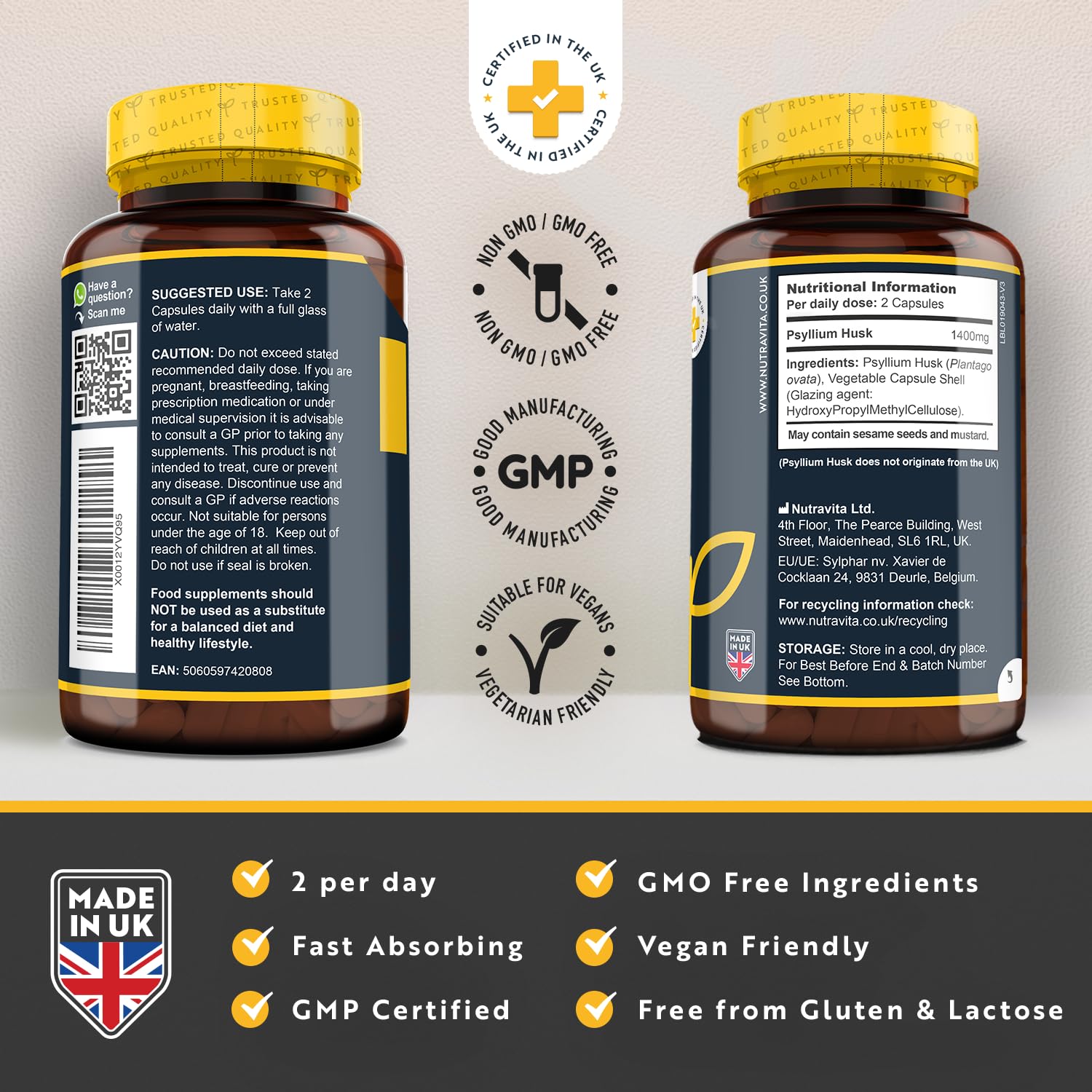 Psyllium Husks Fibre Supplement – 1400mg per Serving – Naturally High in Soluble Fibre Nutravita