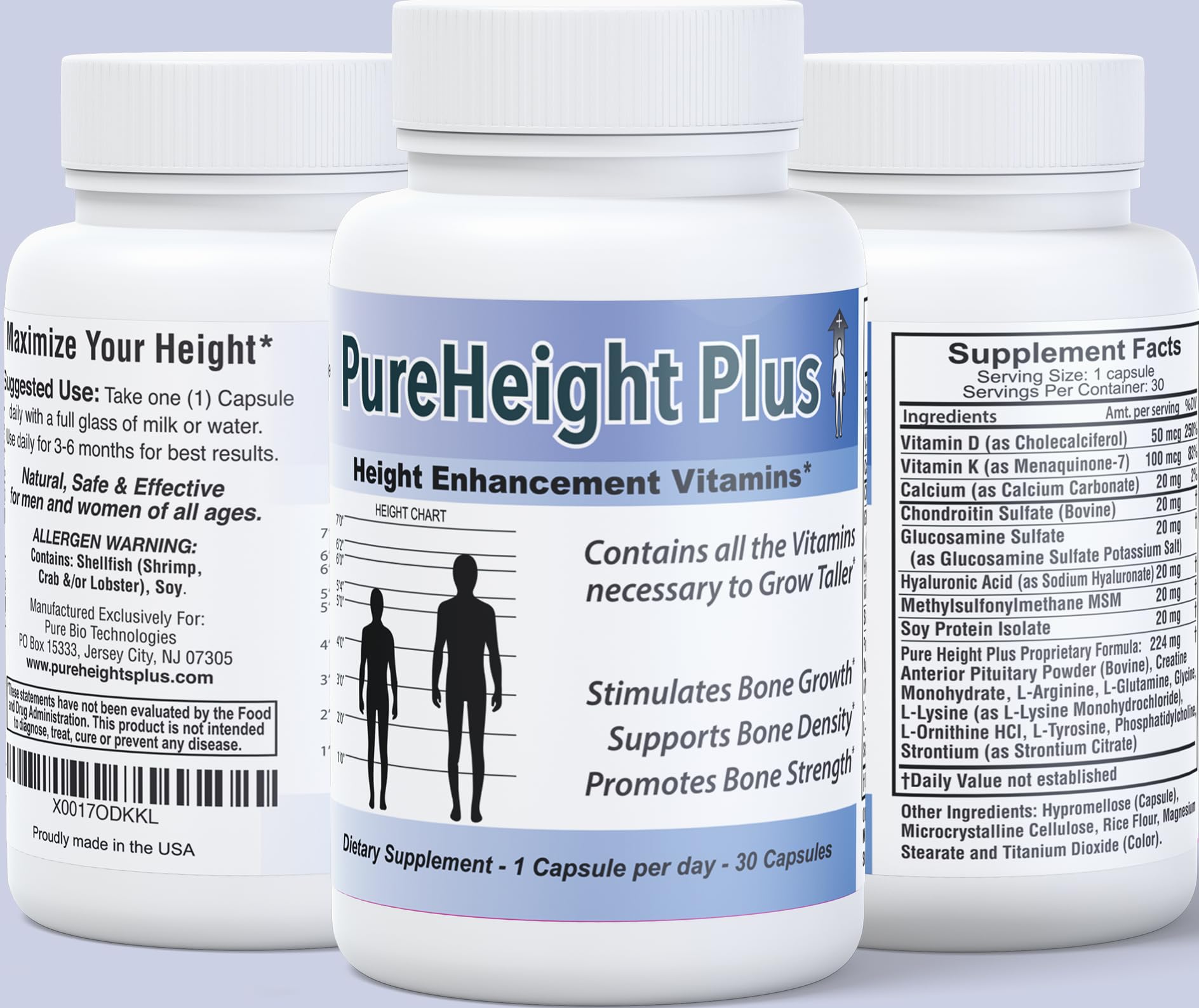 Height Growth Vitamins Grow Taller - Increase Bone Strength Bone Density Bone Growth PURE BIOTECHNOLOGIES