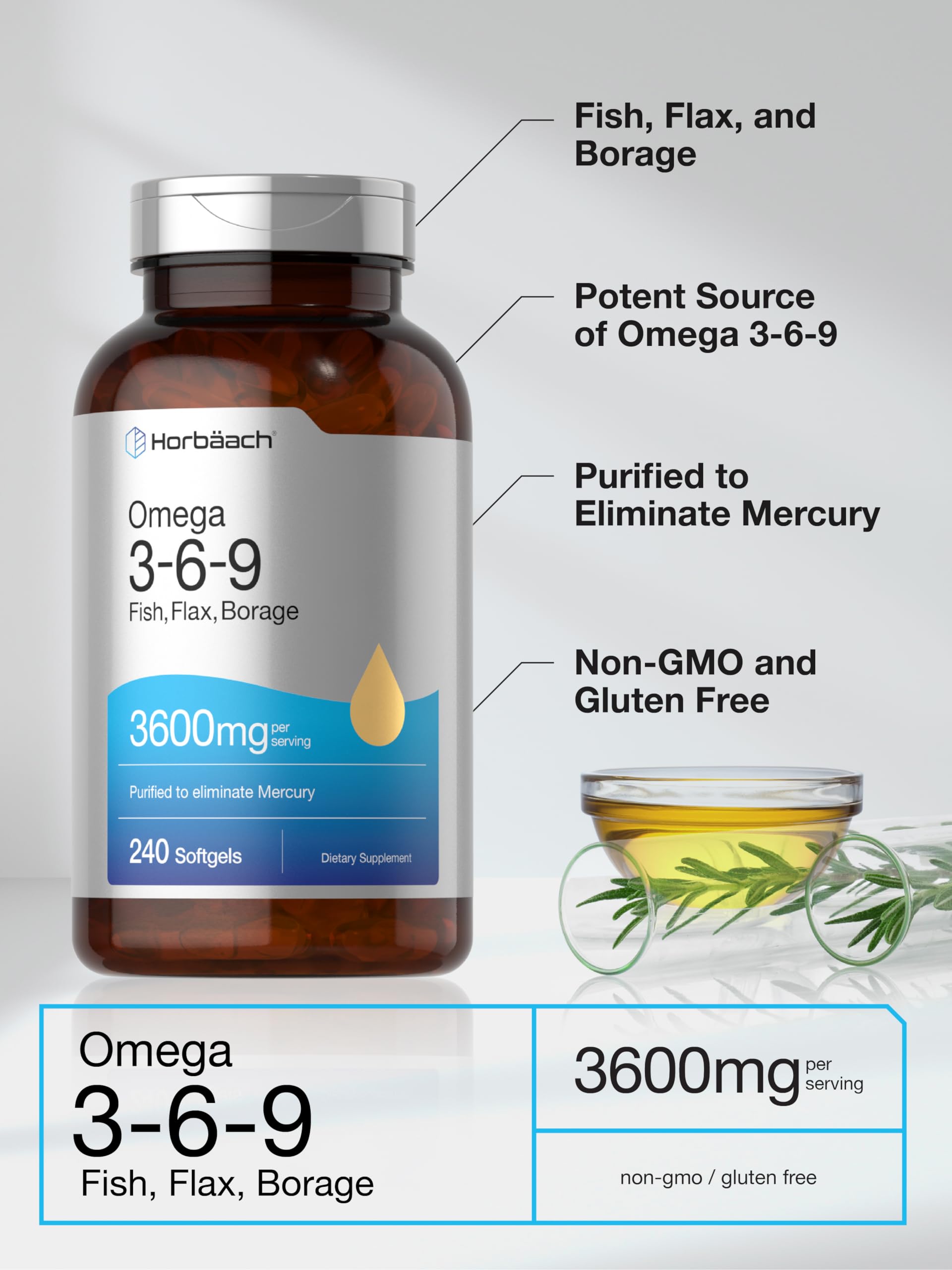 Triple Omega 3-6-9 240 Softgels | from Fish, Flaxseed, Borage Oils | Non-GMO & Gluten Horbäach