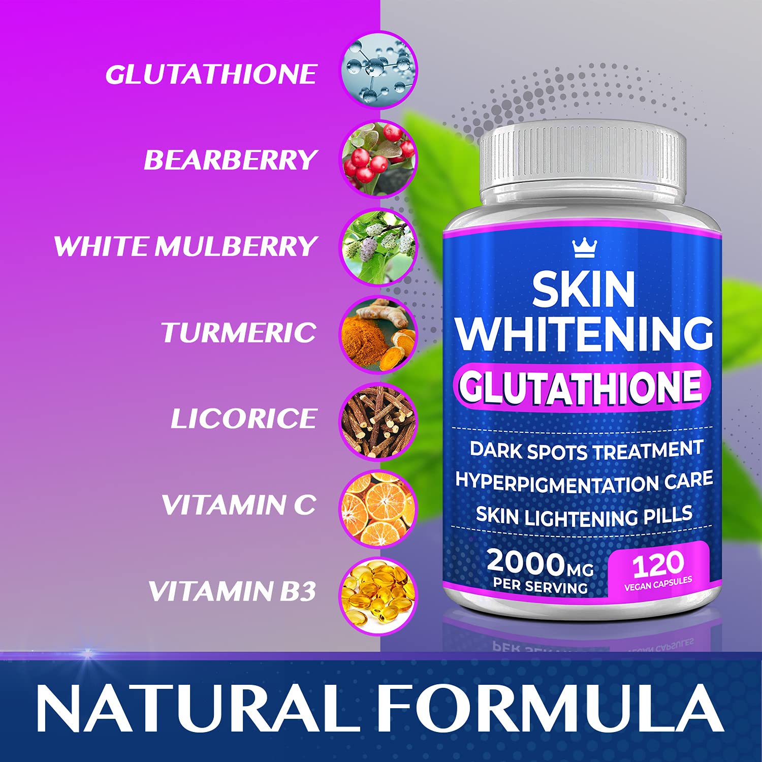 Glutathione Whitening Pills - 120 Capsules 2000mg Glutathione - Effective Skin Lightening NORTHERN CROWN COSMETICS