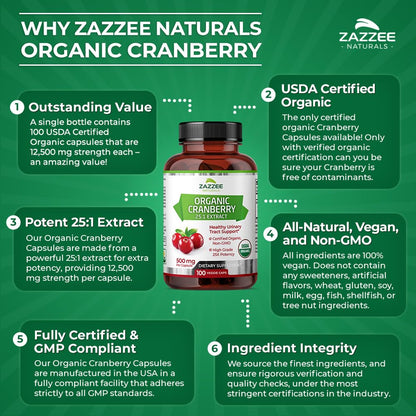 Zazzee USDA Organic Cranberry 25:1 Extract, 12,500 mg Strength, 100 Vegan Capsules