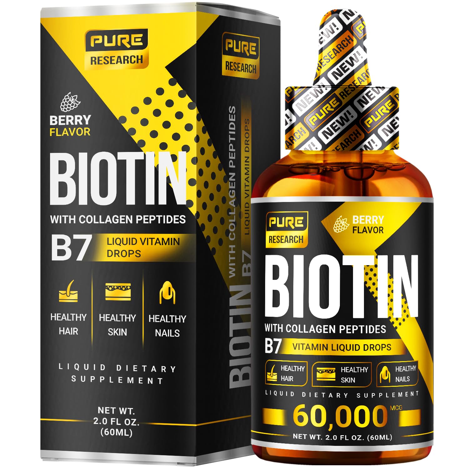 PURE RESEARCH Liquid Biotin & Collagen Hair Growth Drops 60,000mcg – Biotin and Liquid