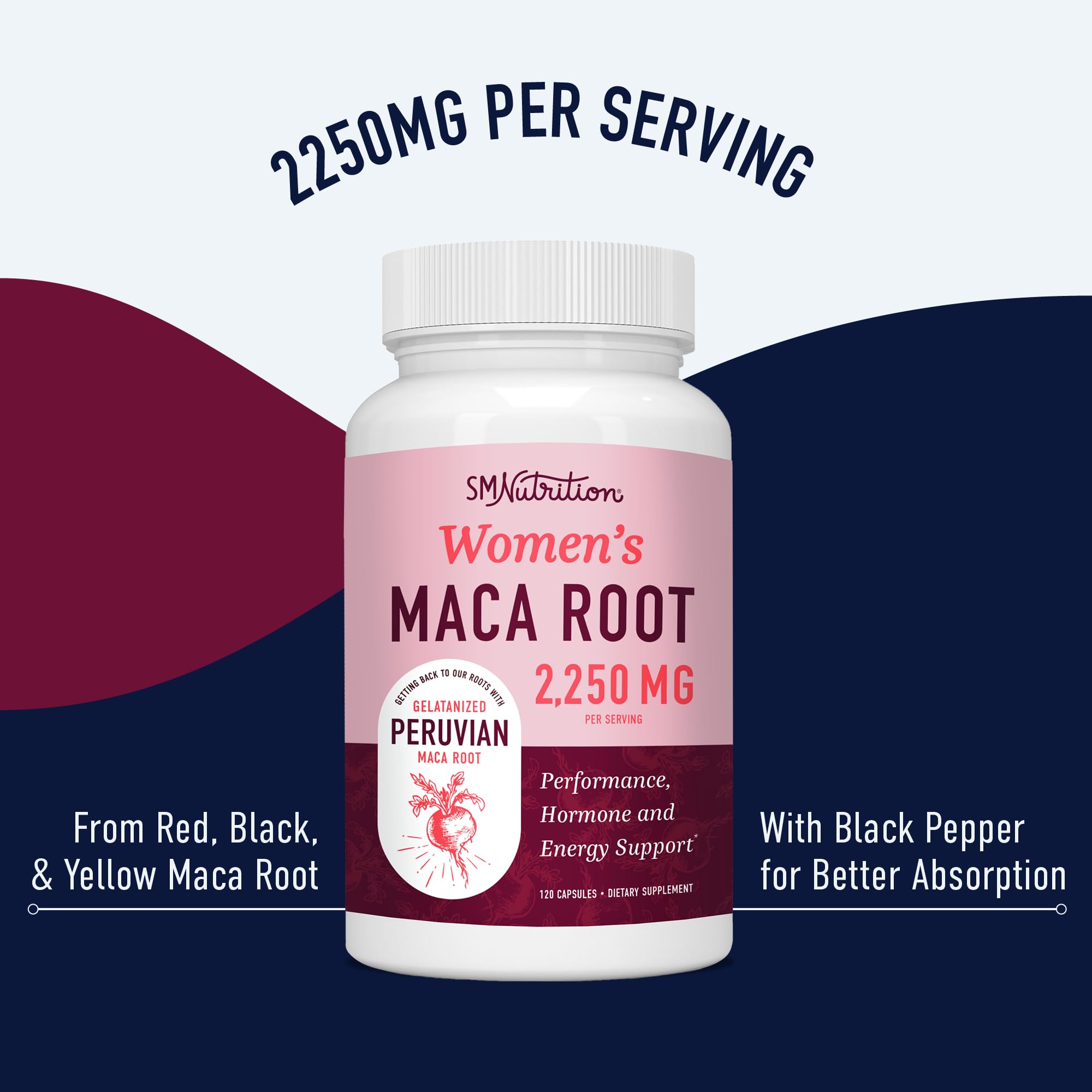 Organic Maca Root Capsules for Women | 2250MG Extra Strength | Red, Black & Yellow SMNutrition