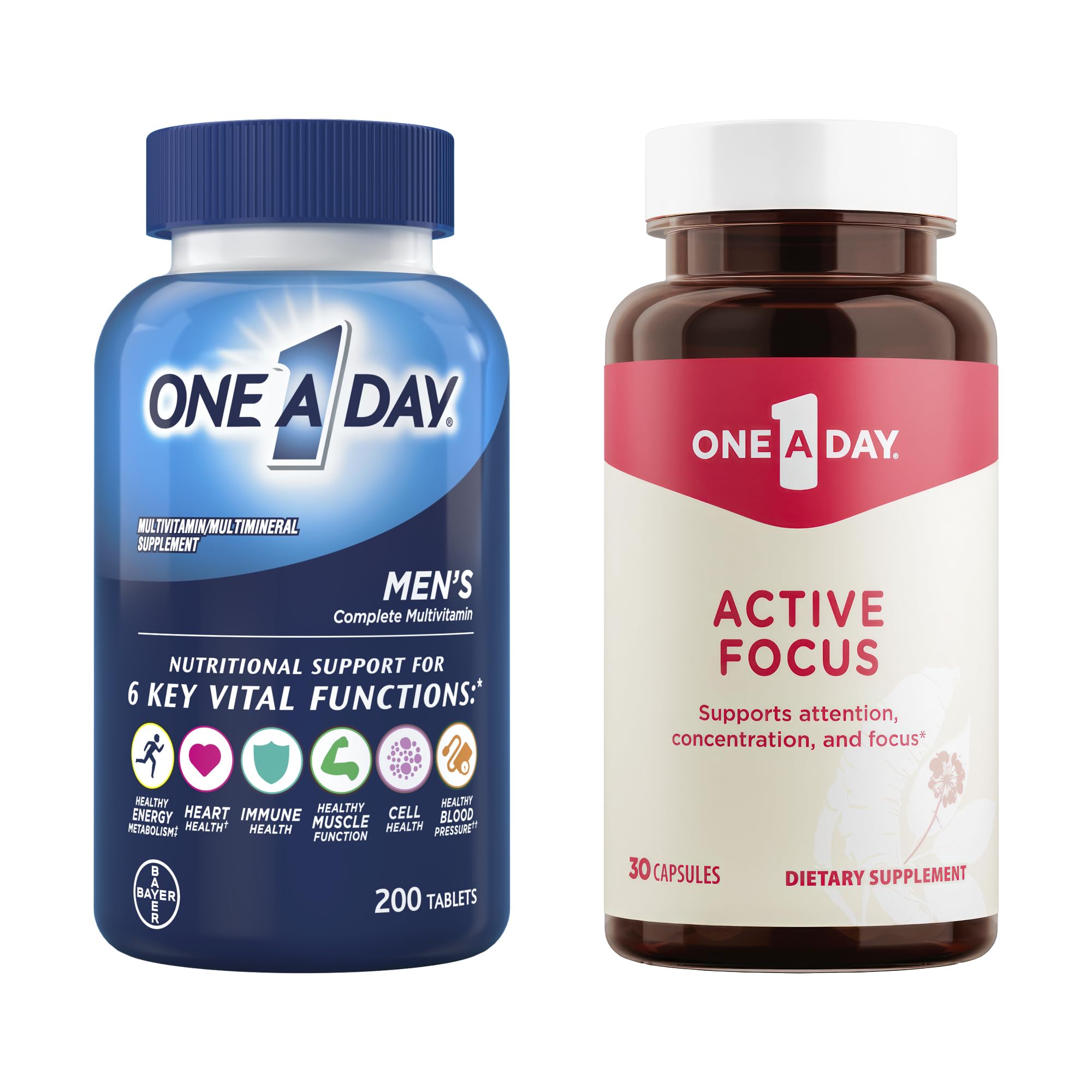 ONE A DAY Bundle Multivitamin for Men 200 Count Tablets Active Focus Supplement