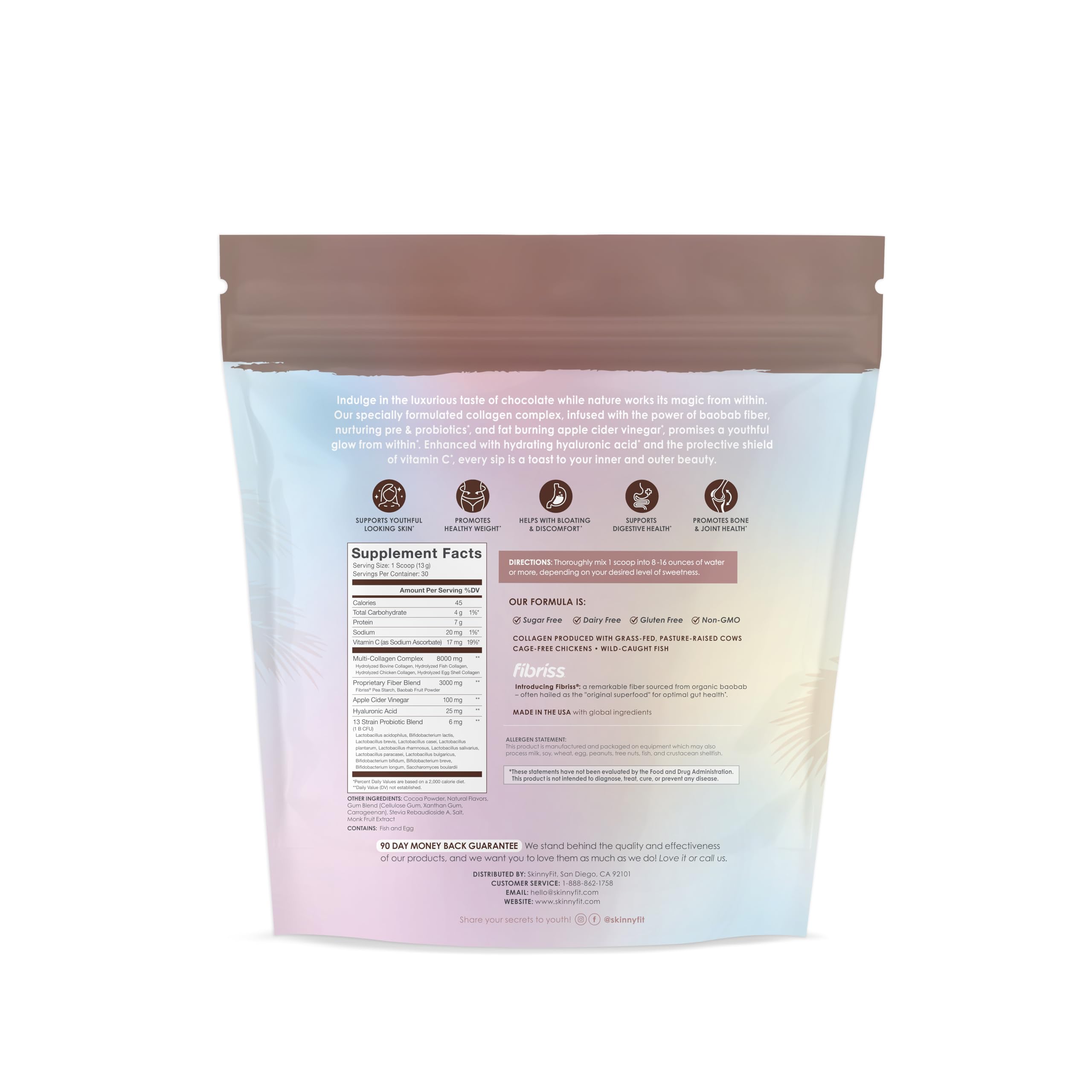 SkinnyFit Super Youth Chocolate Multi-Collagen Peptides + Probiotics, Baobab Fiber SkinnyFit