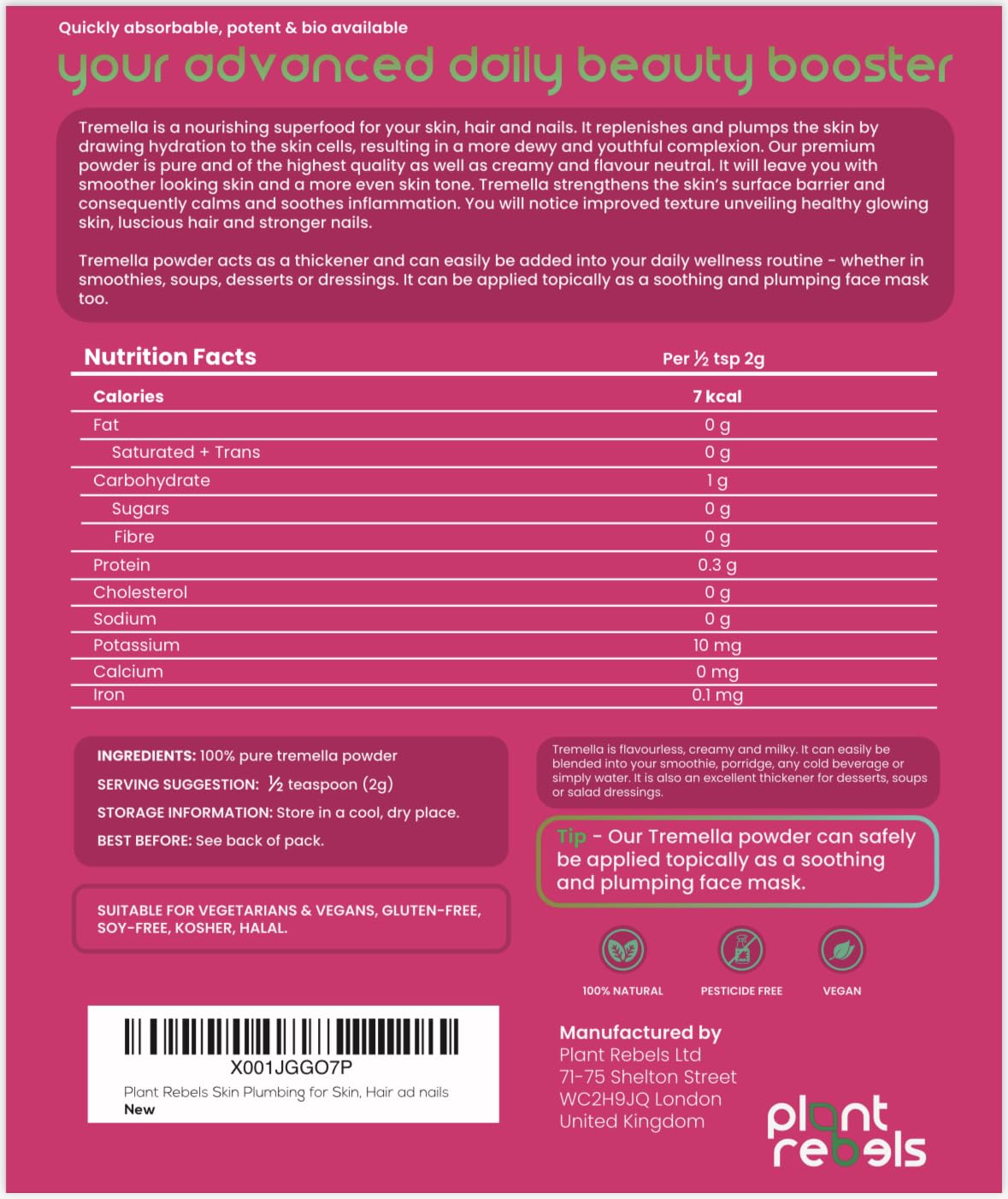 Plant Rebels Pure Tremella Mushroom Extract Powder | Vegan Collagen | Anti Aging Plant Rebels