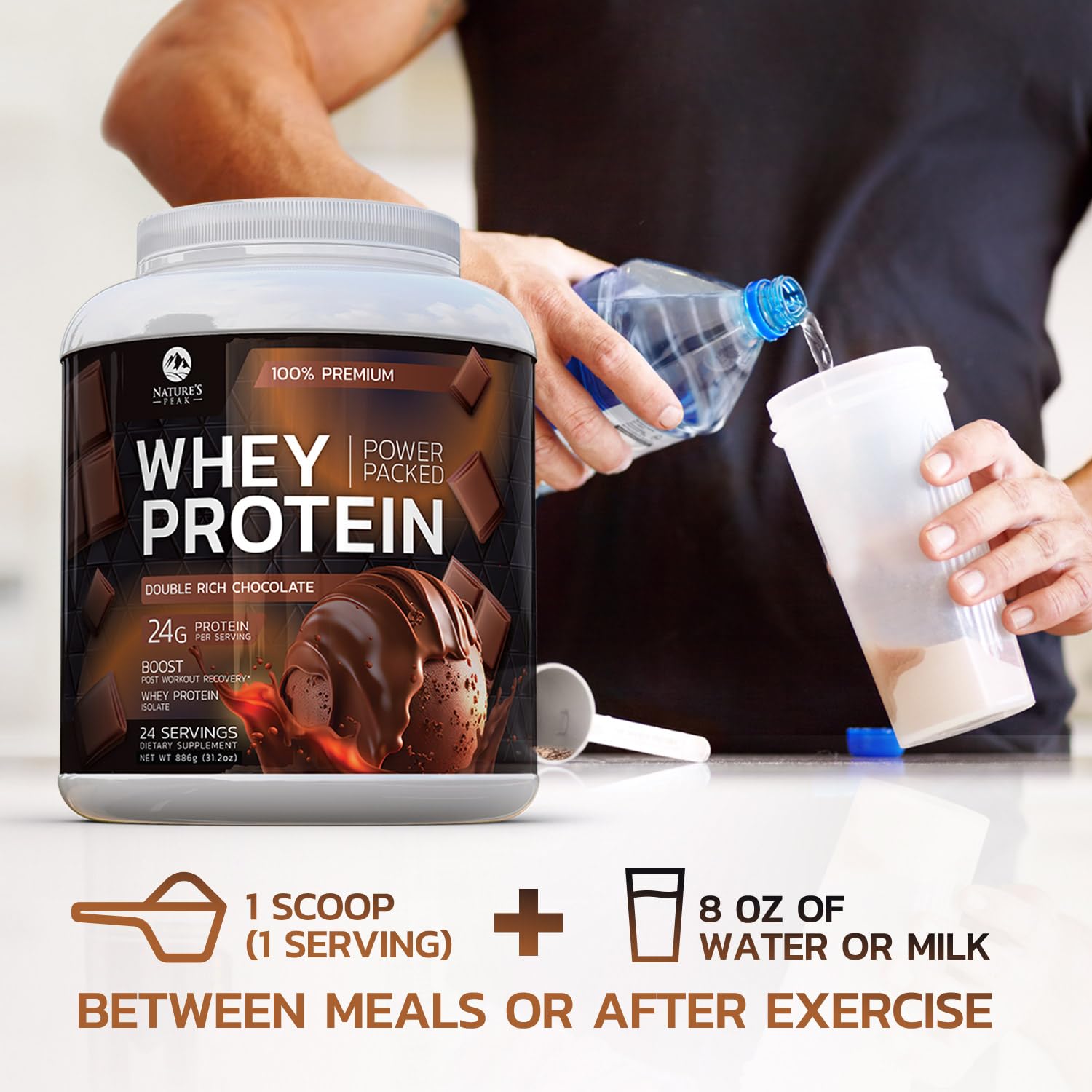 Nature's Premium 100% Whey Protein Powder, 24g of Protein, Double Rich Chocolate Nature's Peak