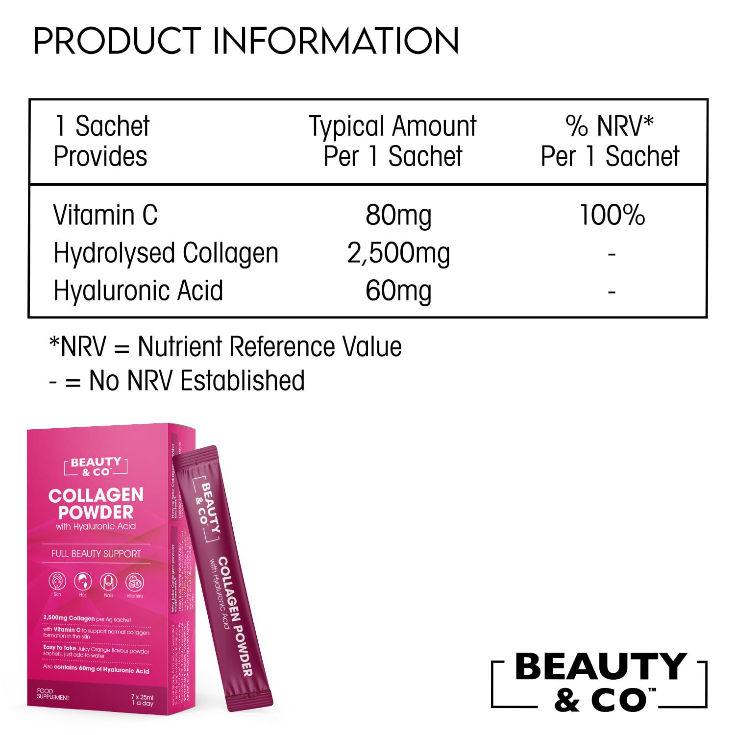 Collagen 2500mg Powder Supplement Boosted with Vitamin C and Hyaluronic Acid (Bovine) Beauty & Co