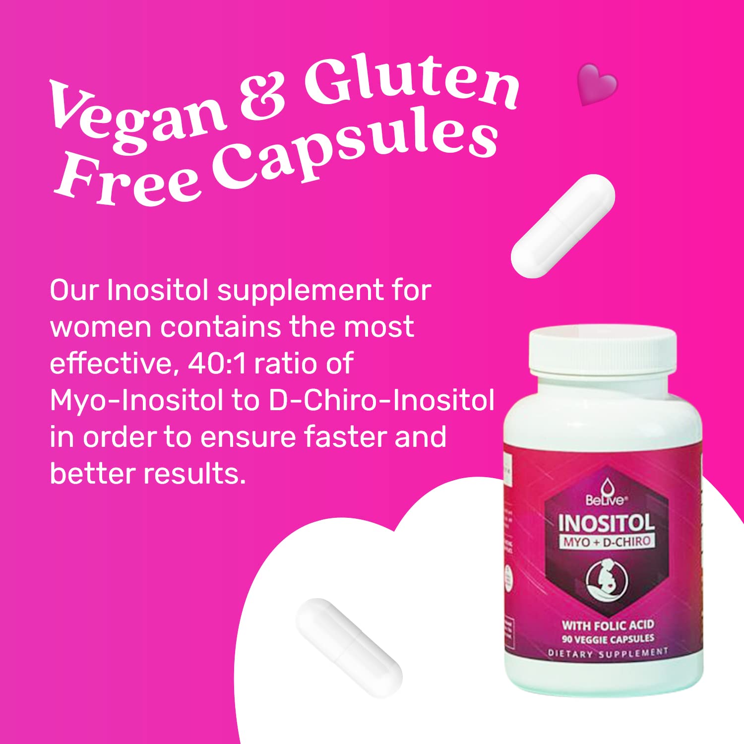 Myo-Inositol & D-Chiro Inositol Capsules with Folic Acid for PCOS | Prenatal Fertility BeLive