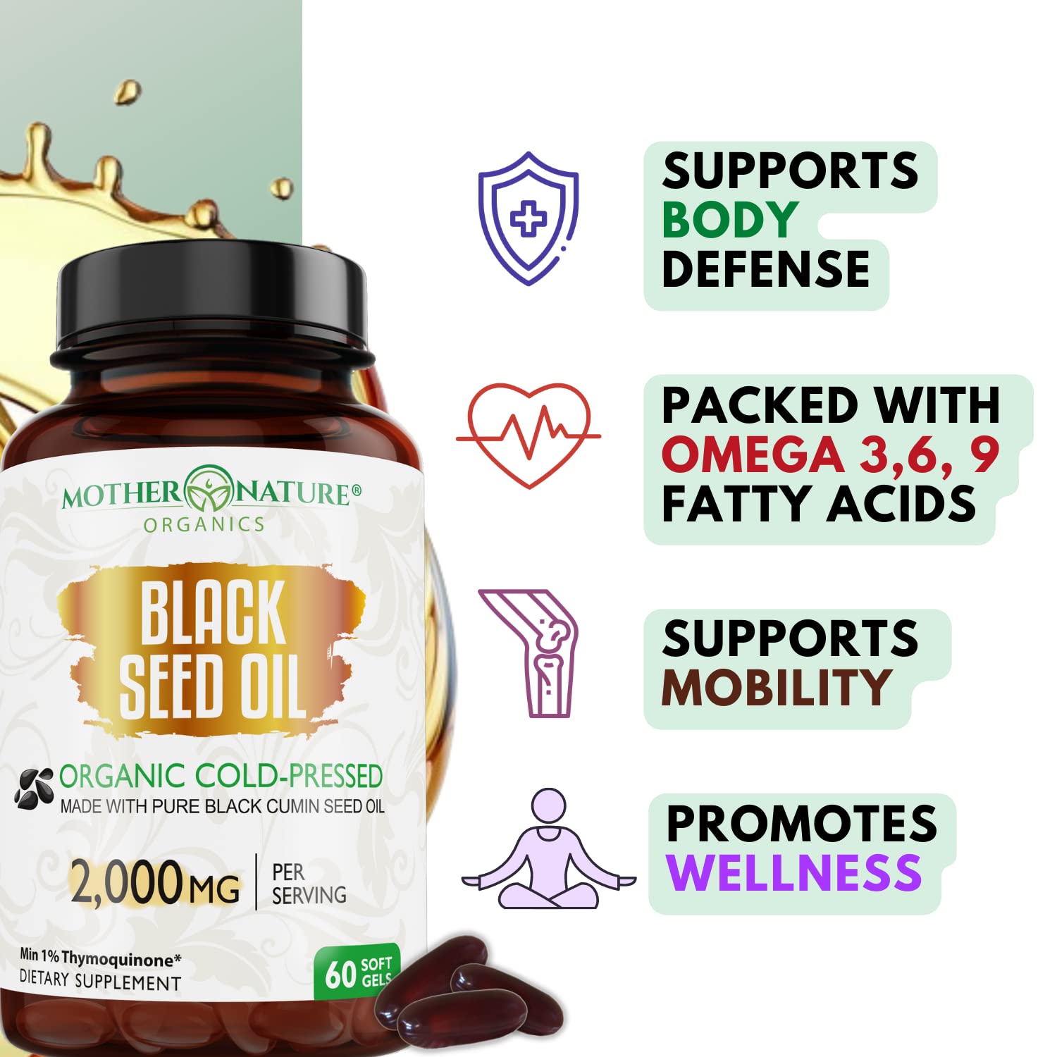 Organic Black Seed Oil 2000mg - 60 Softgel Capsules (Non-GMO) Premium Cold-Pressed Mother Nature Organics Superfoods for Organic Living