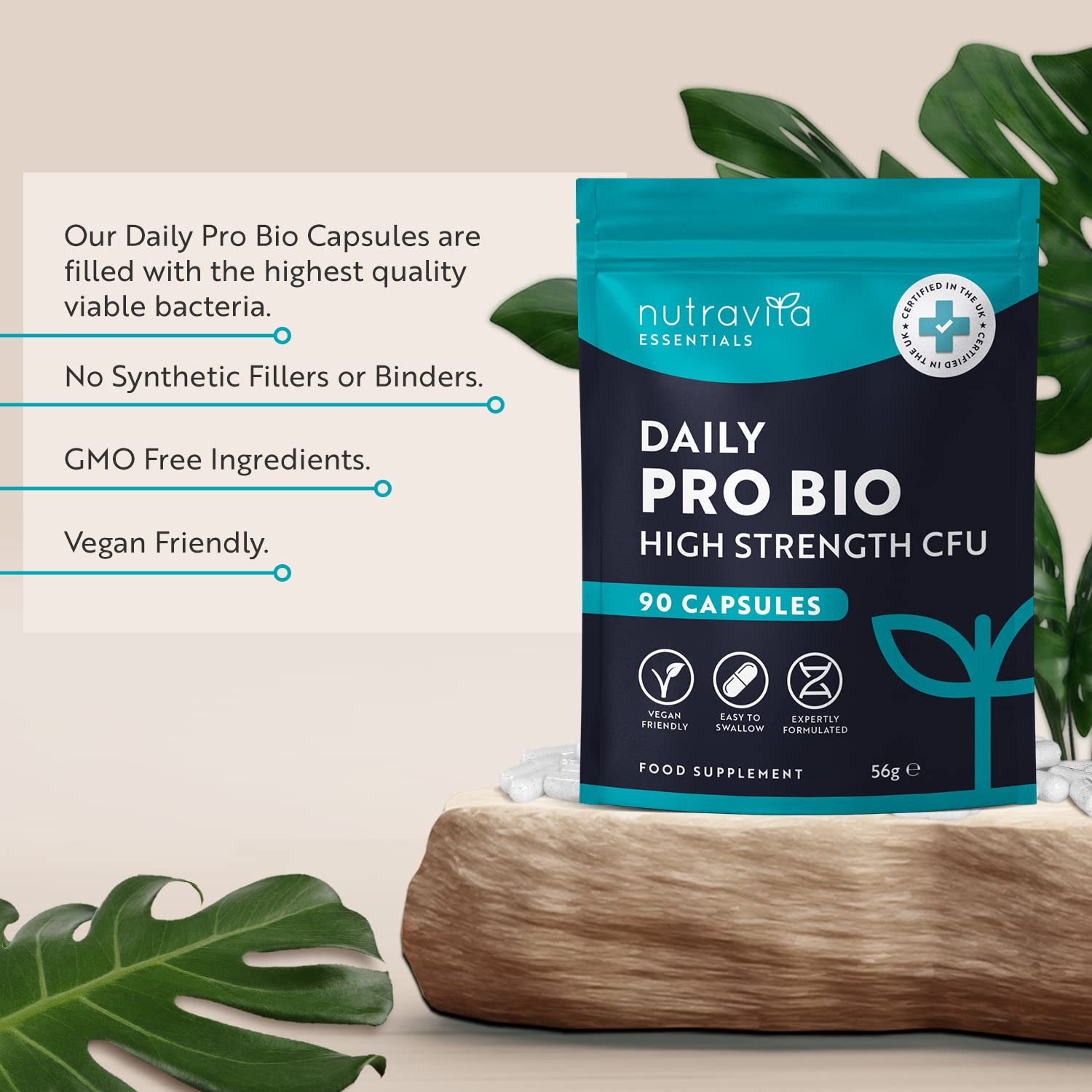 Probiotics for Gut Health - 90 Vegan Capsules (Not Tablets) for Bloating Relief Nutravita