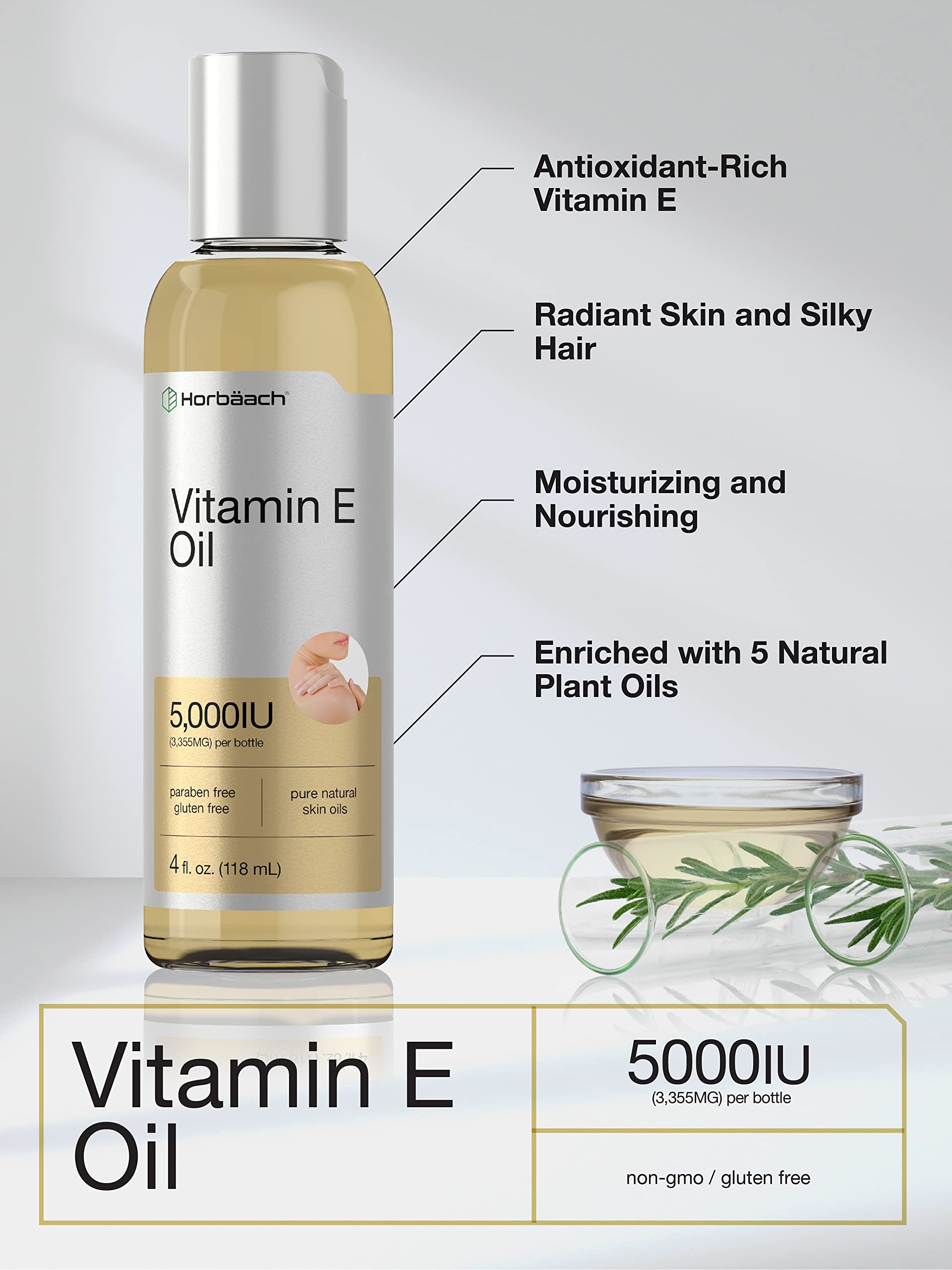 Vitamin E Oil | 5000 IU | 8 oz (2 x 4oz) Value Pack | for Skin, Hair, Face & Body | Vegetarian Horbäach