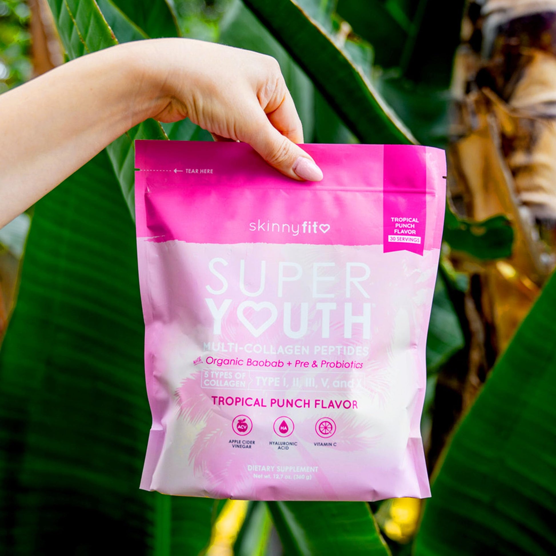 SkinnyFit Super Youth Tropical Punch Multi-Collagen Peptides + Probiotics, Baobab Fiber SkinnyFit