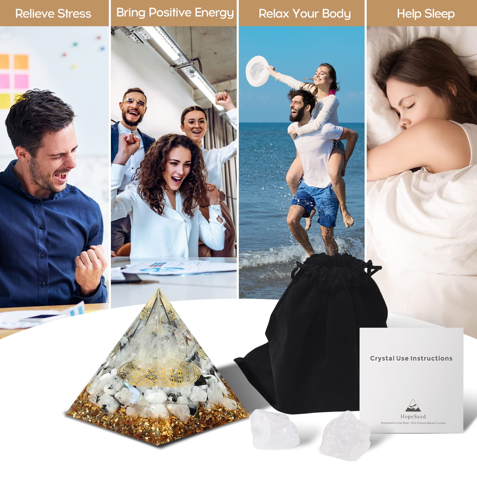 Hopeseed Orgone Pyramid for Positive Energy, Orgonite Rainbow Moonstone&White Crystal Hopeseed