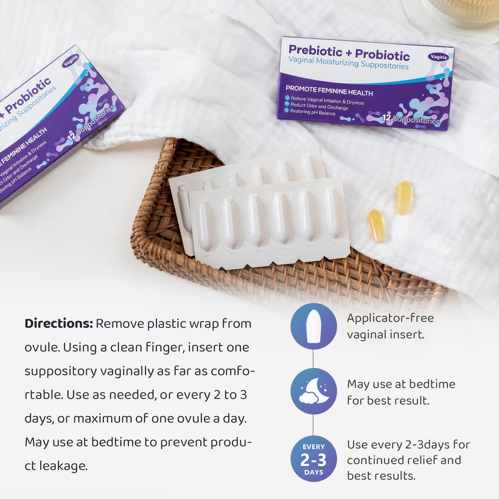 Vaginal Probiotic Suppositories, Prebiotic Infused with Hyaluronic Acid, Tea Tree, and Vitamin C&E Vagiria