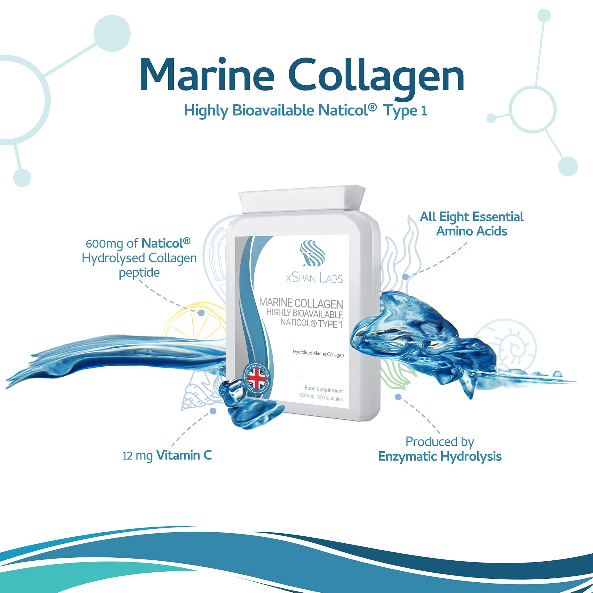Marine Collagen 600mg 60 Capsules - Highly Bioavailable Naticol® Type 1 Xspan Labs