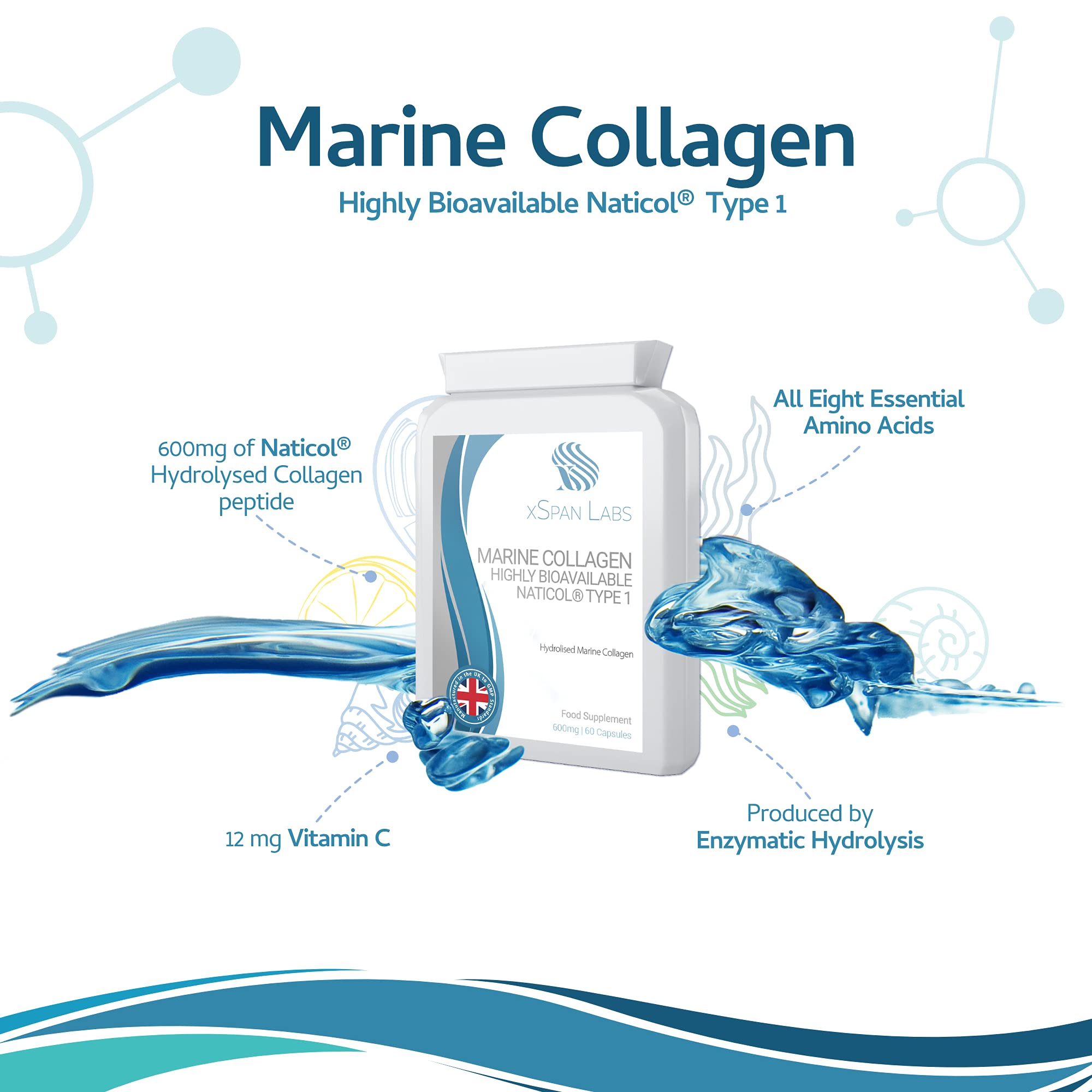 Marine Collagen 600mg 60 Capsules - Highly Bioavailable Naticol® Type 1 Xspan Labs