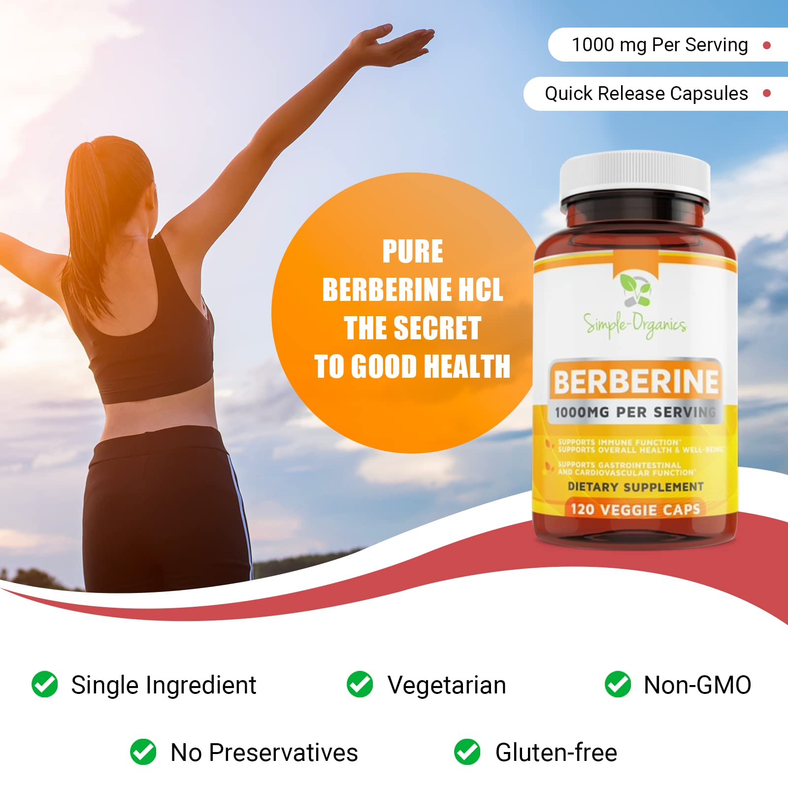 Simple-Organics Berberine 500mg (1000mg Per Serving) for Supports Healthy Immune Simple-Organics