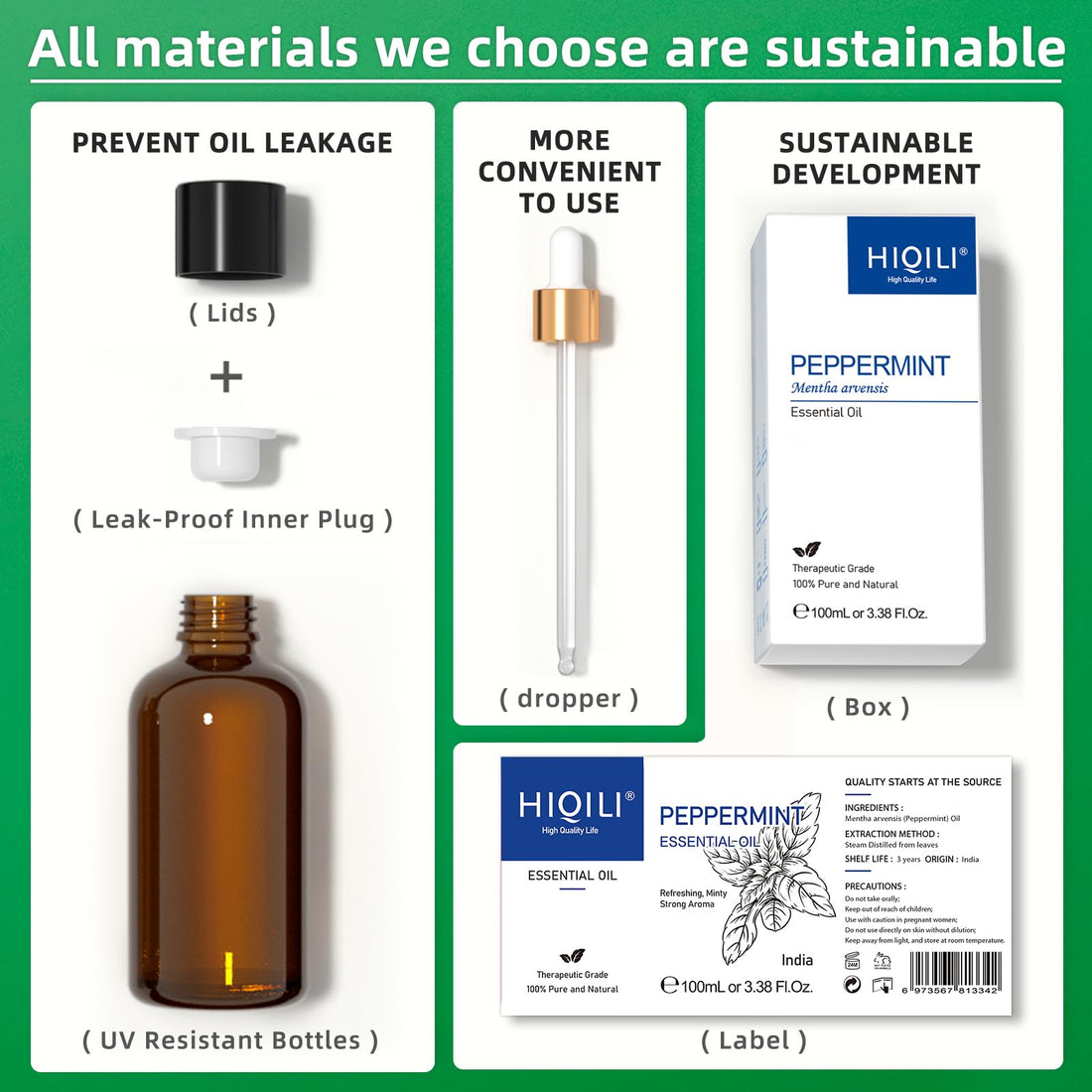 HIQILI Peppermint Oil 100ML, 100% Pure Peppermint Essential Oil Natural for Diffuser