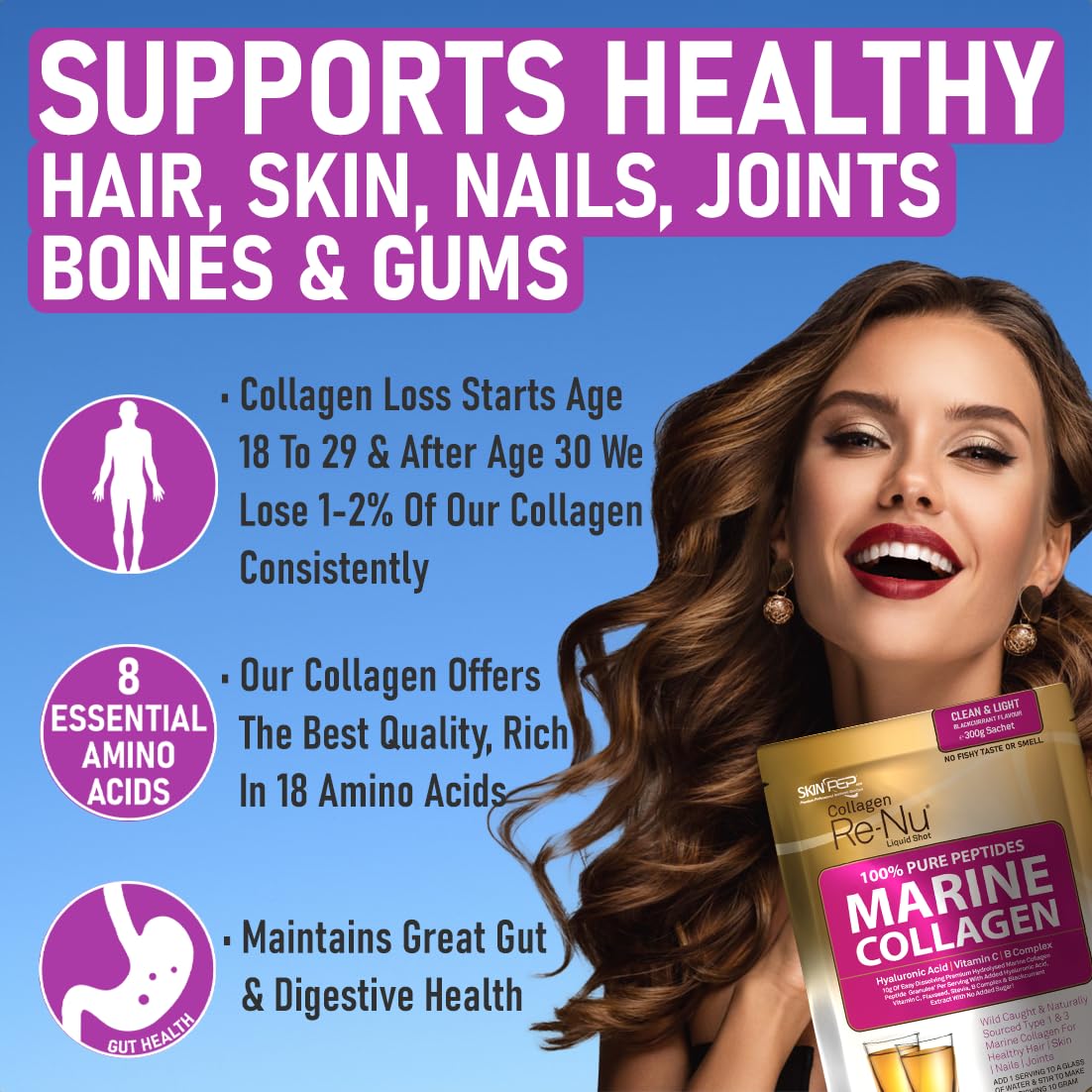 Premium Hydrolysed Marine Collagen Peptide Powder + VIT C, B Complex Hyaluronic Acid, & Stevia. Delicious Taste/No Fishy Smell - SkinPep® Collagen Re-Nu 300g - 30 Days Supply SkinPep