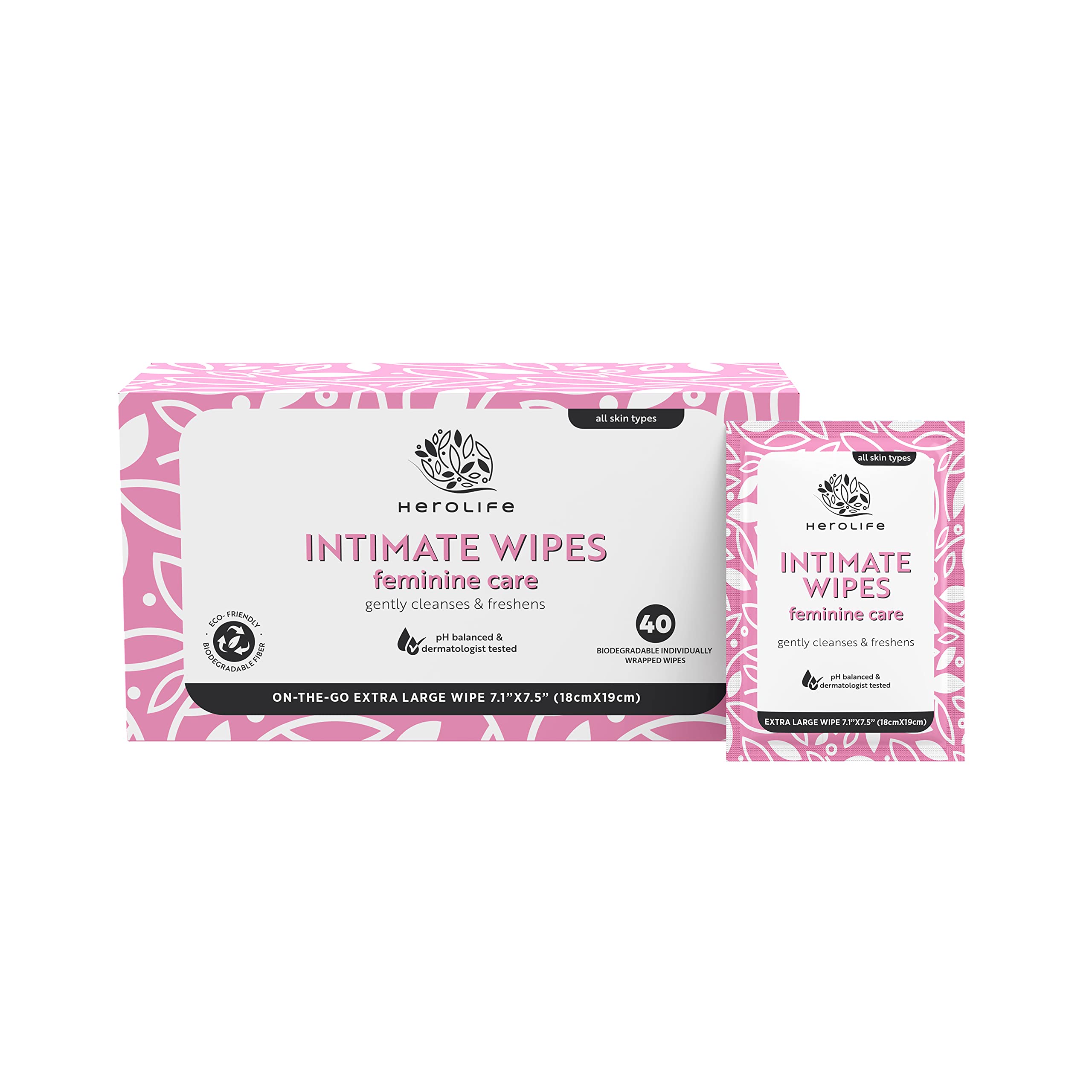HEROLIFE Personal Wipes for Feminine Care, Single Use To Go, Plant-Based, 1 pack of 40 Single Herolife