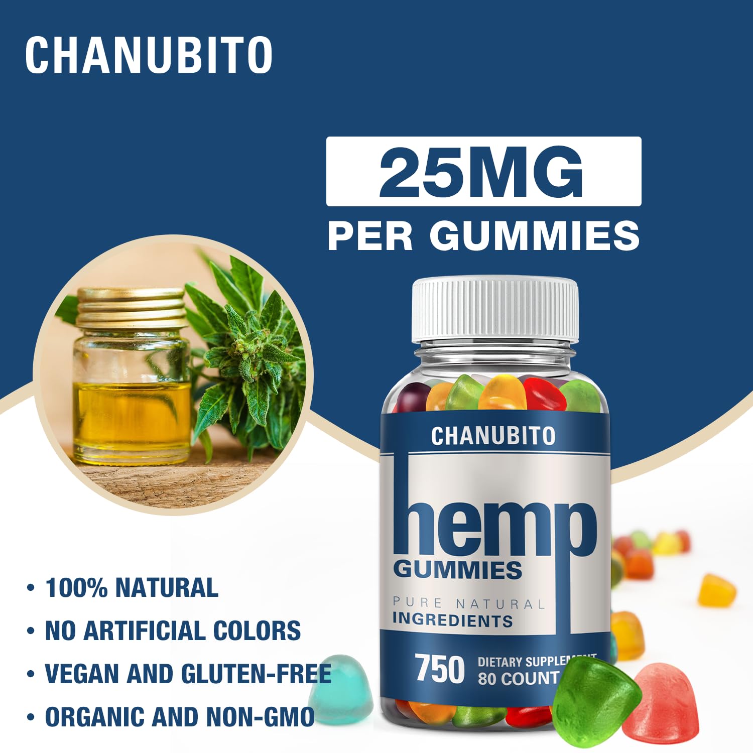 Hemp Gummies Organic High Potency Hemp Supplement - Pain, Sleep, Stress CHANUBITO