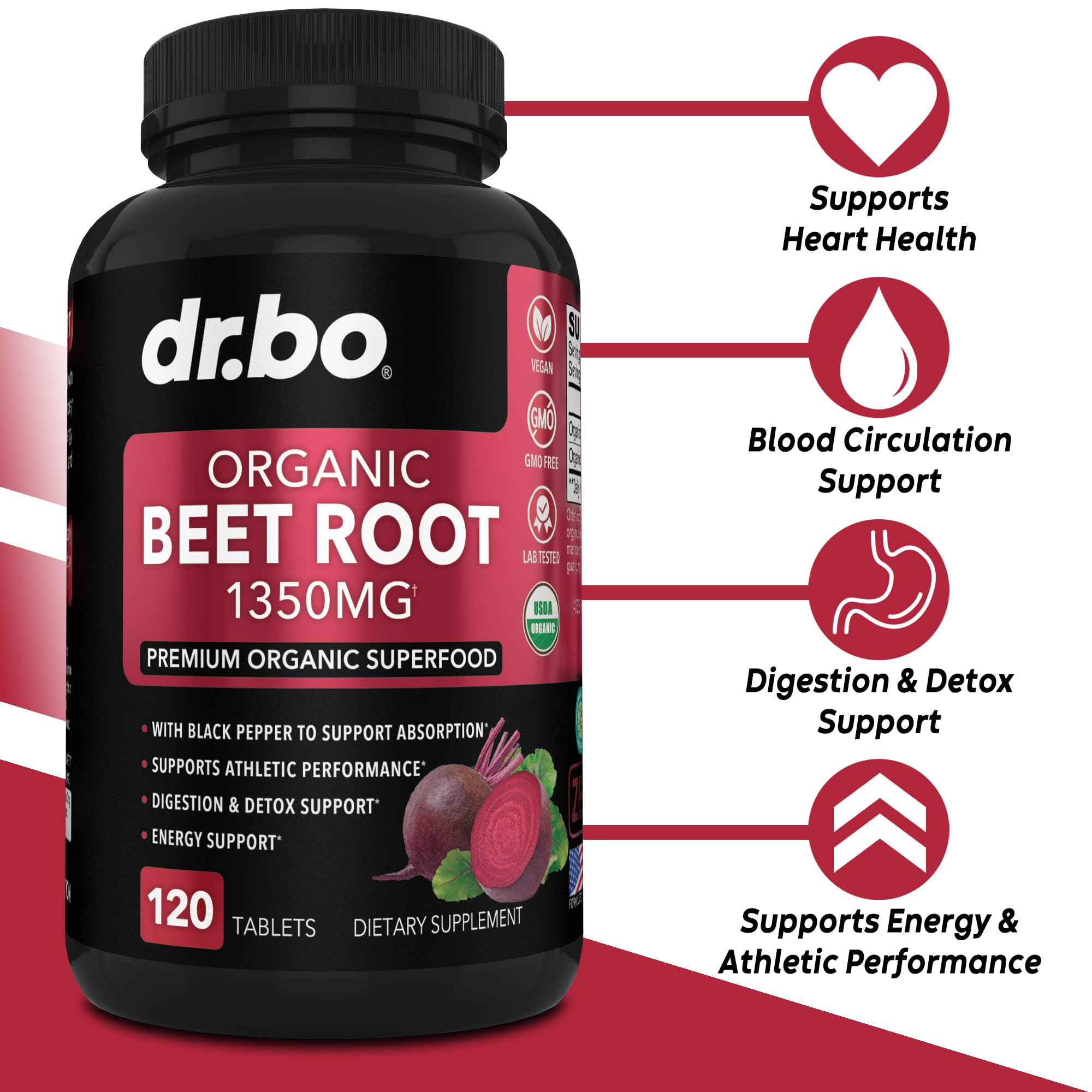 Organic Beet Root Capsules Supplements - 1350mg Beetroot Powder Extract Pills, Organic DR. BO