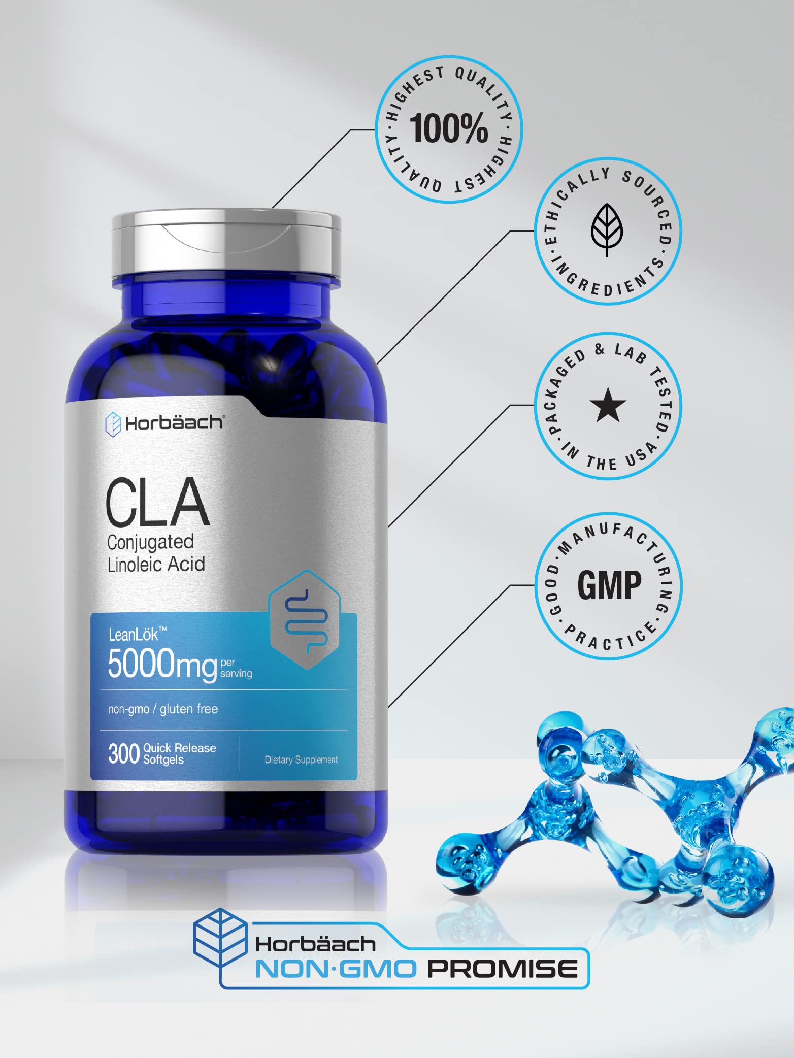 CLA Supplement | 300 Softgel Pills | Maximum Potency | Conjugated Lineolic Acid from Horbäach