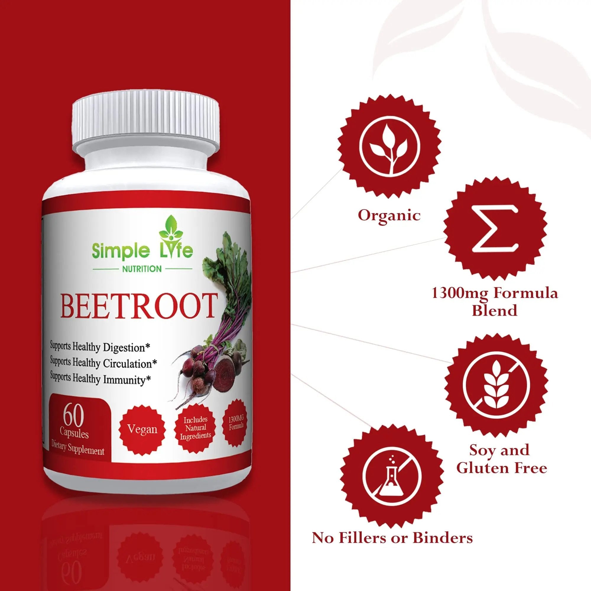 Simple Life Nutrition Organic Beet Root Powder Capsules - Nitric Oxide Booster for Men Simple Life Nutrition