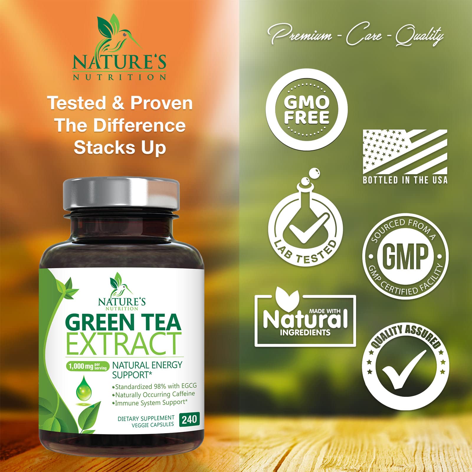 Green Tea Extract Capsules 1000mg 98% Standardized EGCG - 3X Strength for Natural Nature's Nutrition