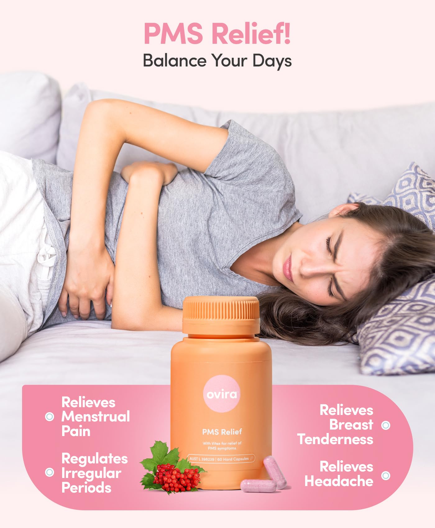 Ovira PMS Supplement for Women | Vitex Berry Extract for Period Cramps, Mood Support and Breast Tenderness Ovira