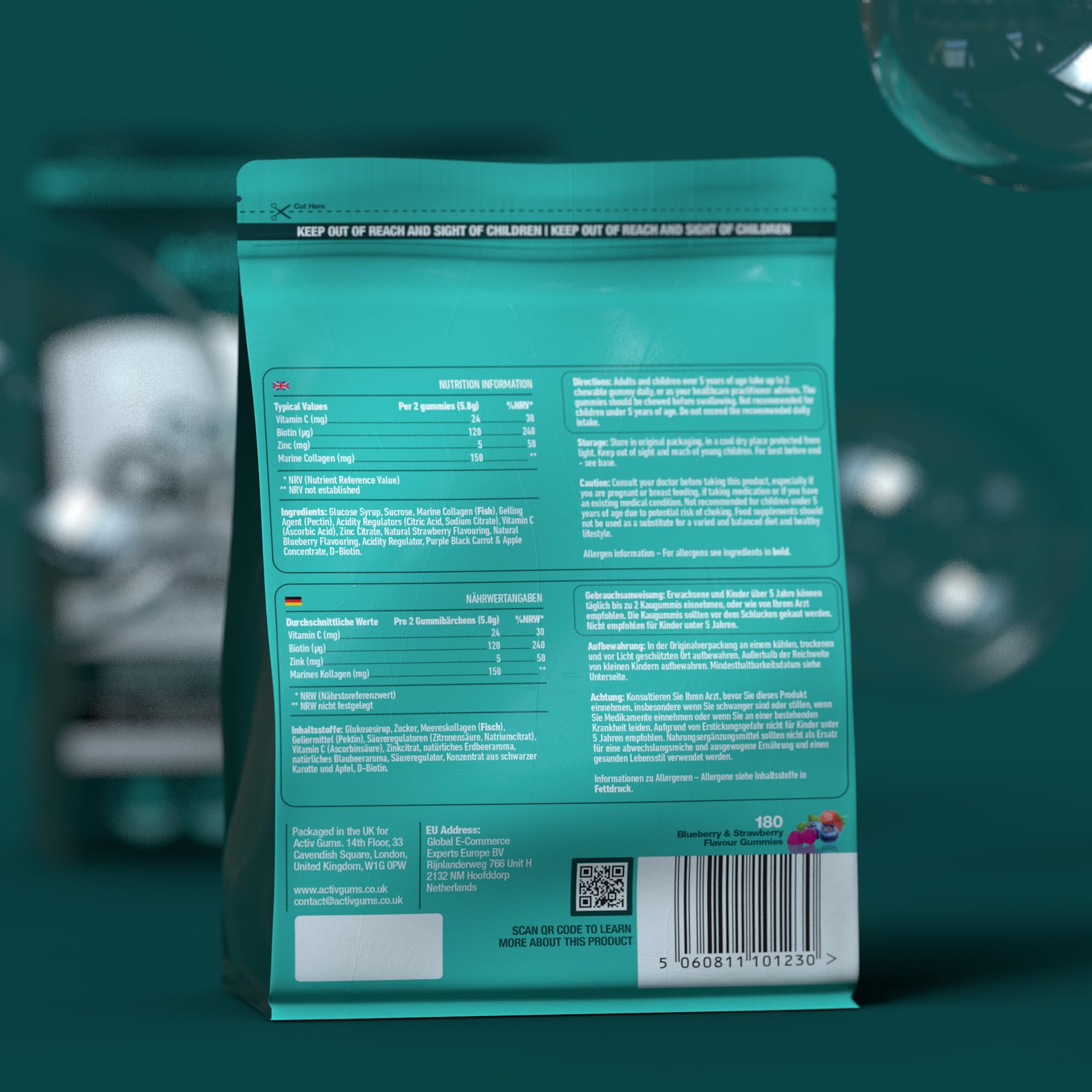 Marine Collagen Complex 180 Gummies. Strawberry & Blueberry Flavour. Resealable & Recyclable Pouch. Contains Marine Collagen, Vitamin C Activ Gums