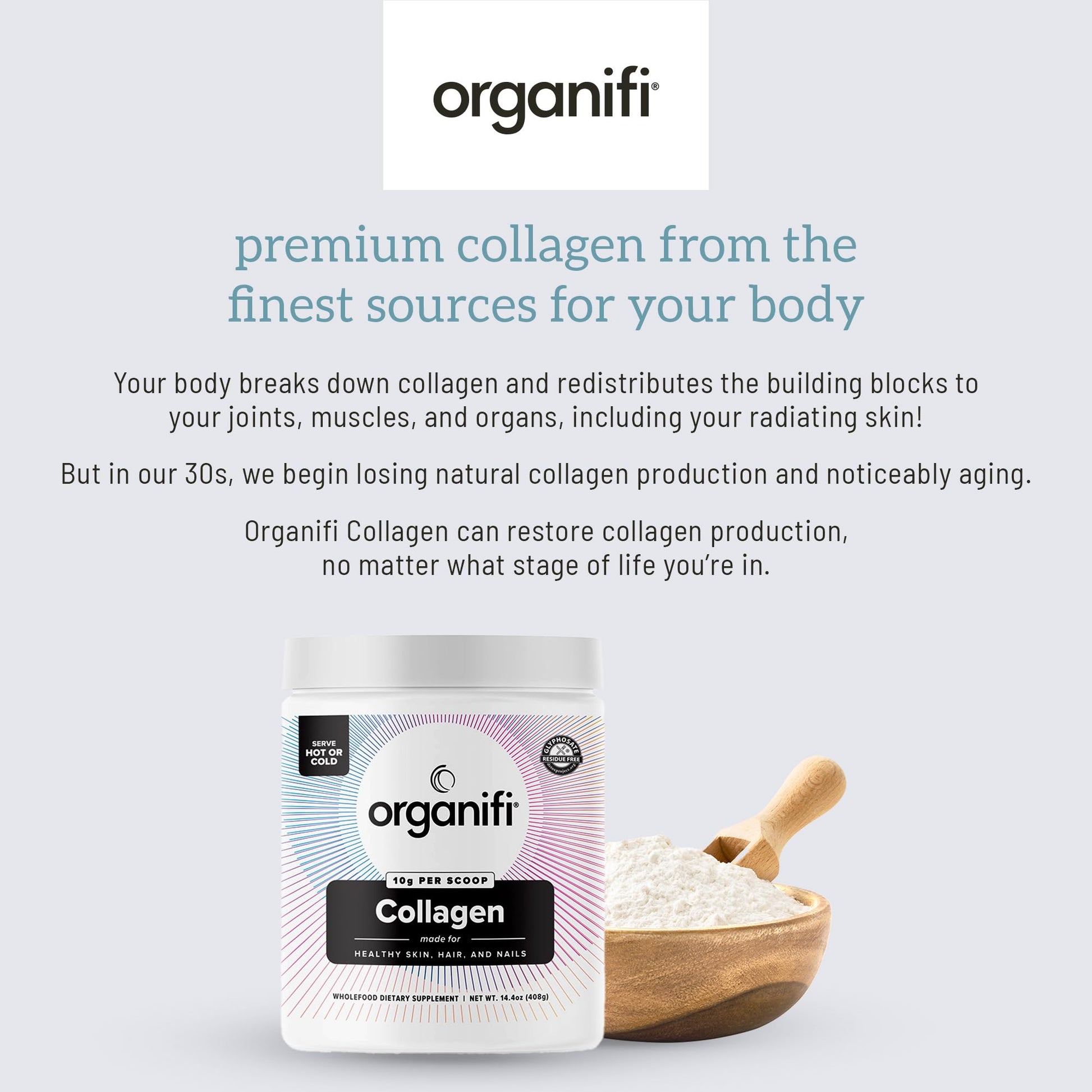 Organifi Unflavored Collagen Powder - Supports Stronger Skin, Nail, and Hair, 40 Servings Organifi