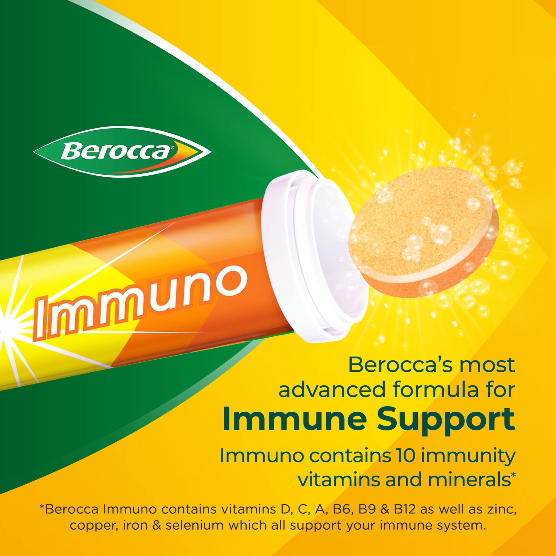 Berocca Immuno Effervescent Tablets, 11 Vitamins and Minerals, Including Vitamins D, C Berocca