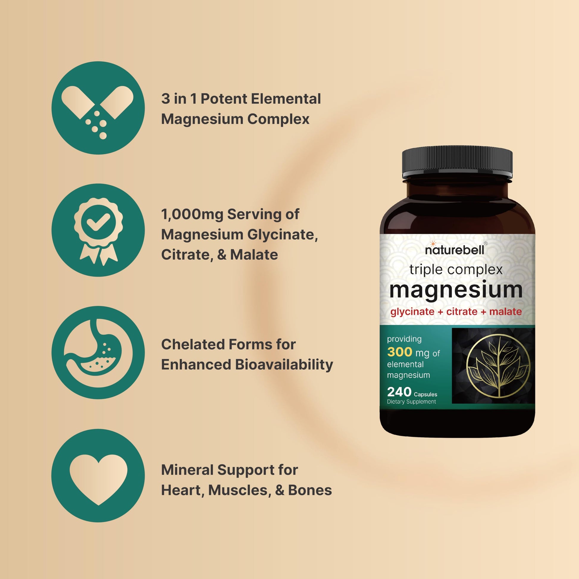 Triple Complex Magnesium Supplement, 240 Capsules | Magnesium Glycinate 500mg NatureBell