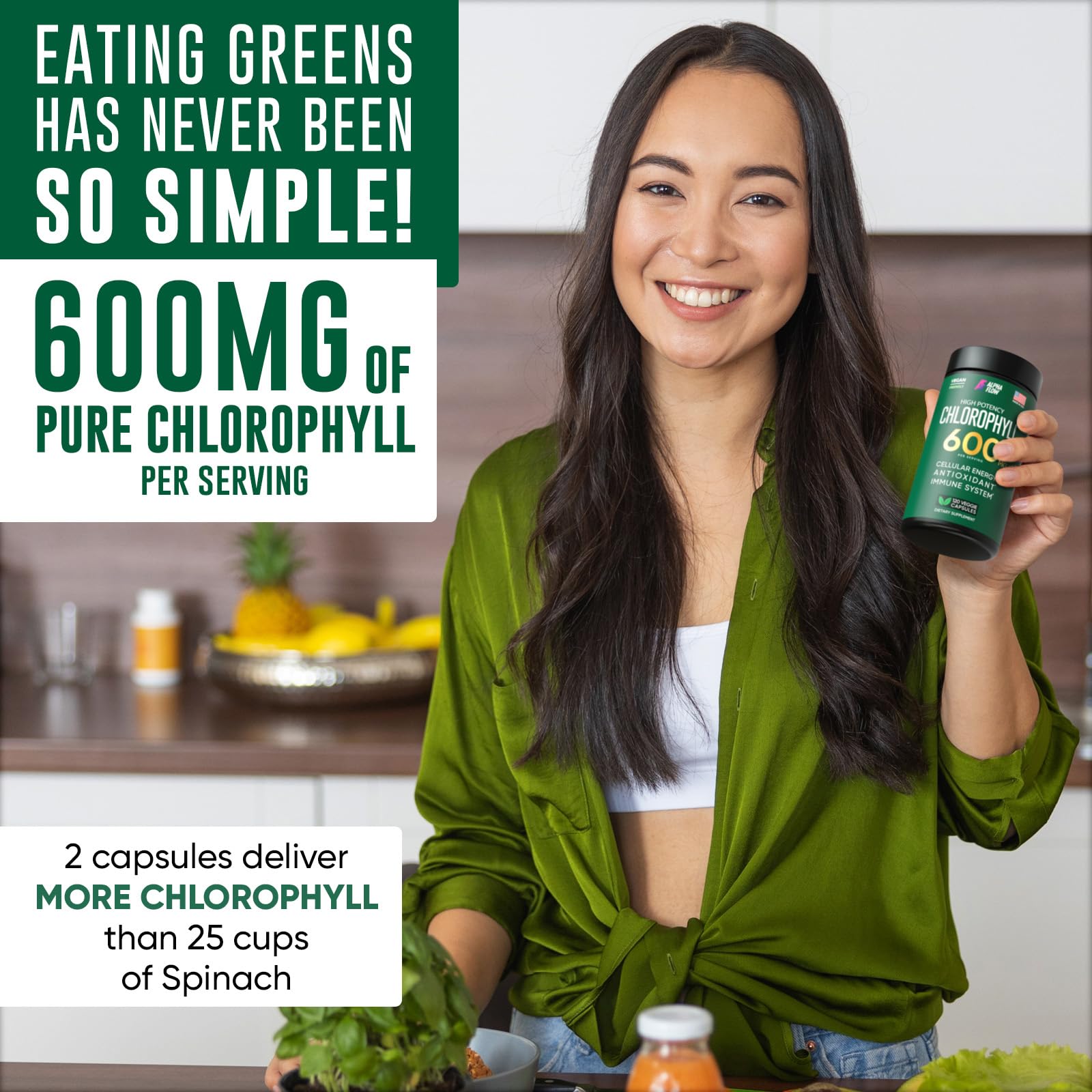 Chlorophyll Capsules 600 mg - Natural Chlorophyll Pills for Women & Men - Highly BioAvailable Alpha Flow