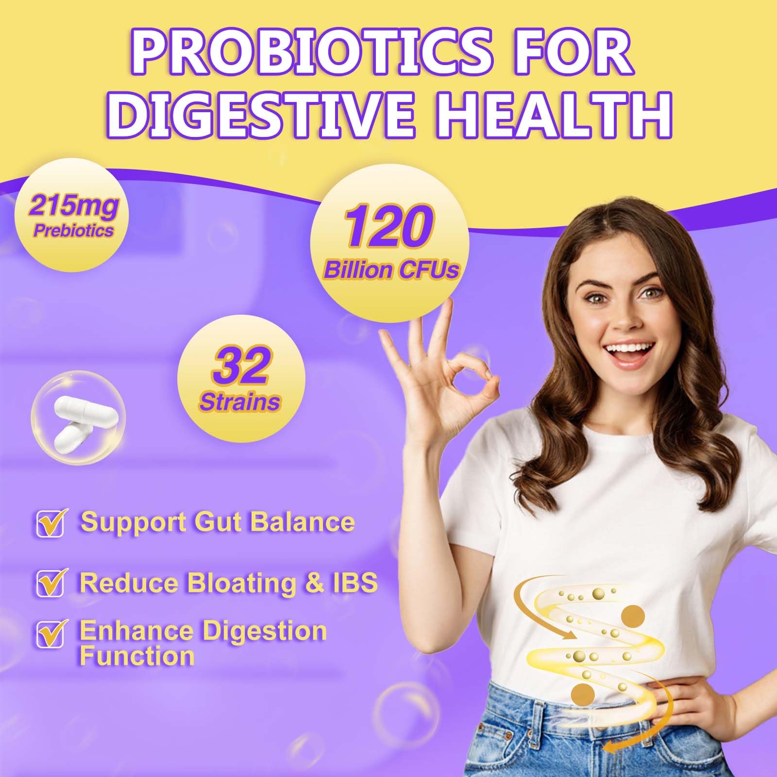 Probiotics for Women & Men Digestive Health，120 Billion CFUs, Prebiotics and Probiotics DRFOSTER