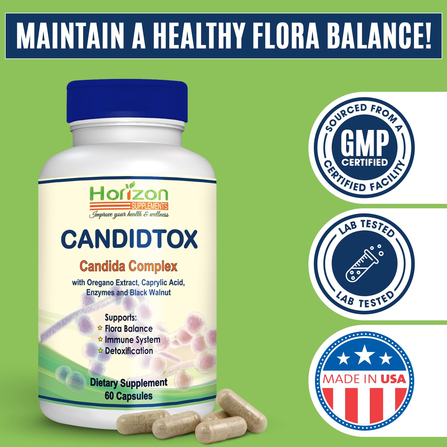 Candida Cleanse Support and Detox with Natural Herbs, probiotics and Oregano Oil Horizon Supplements