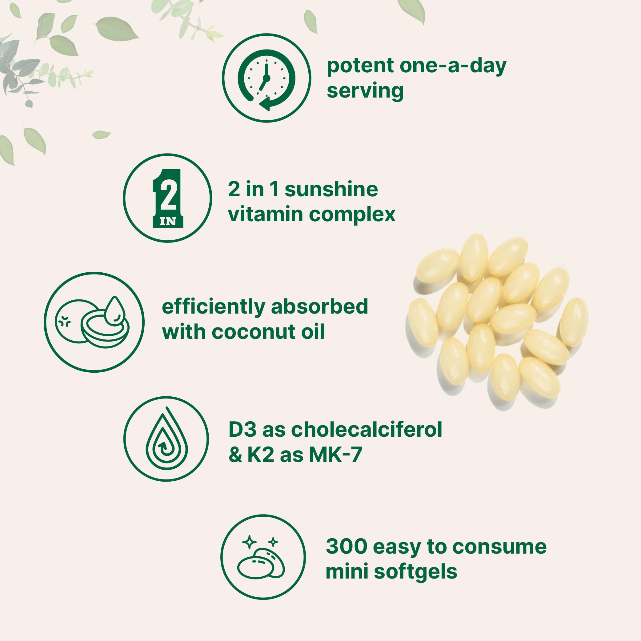 Vitamin D3 5000 IU Plus K2 (MK-7) 100 mcg, 300 Virgin Coconut Oil Softgels Micro Ingredients