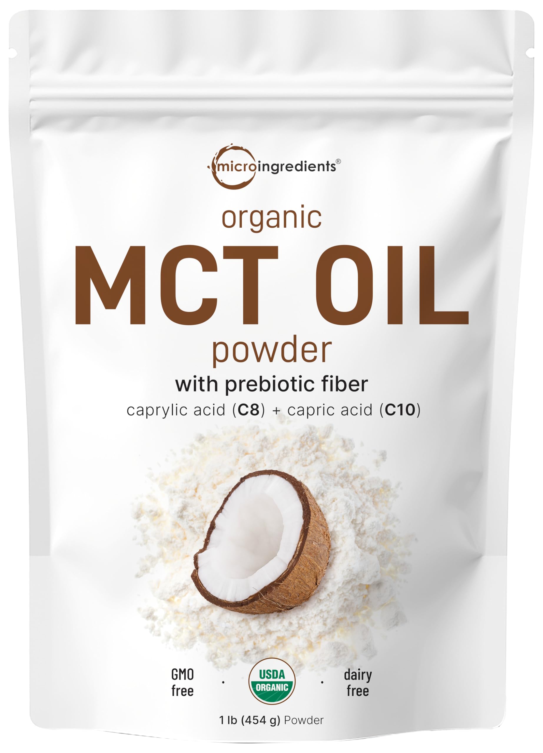 Organic MCT Oil Powder with Prebiotic Fiber,1 Pound(16 Ounce), Fast Fuel for Body and Brain