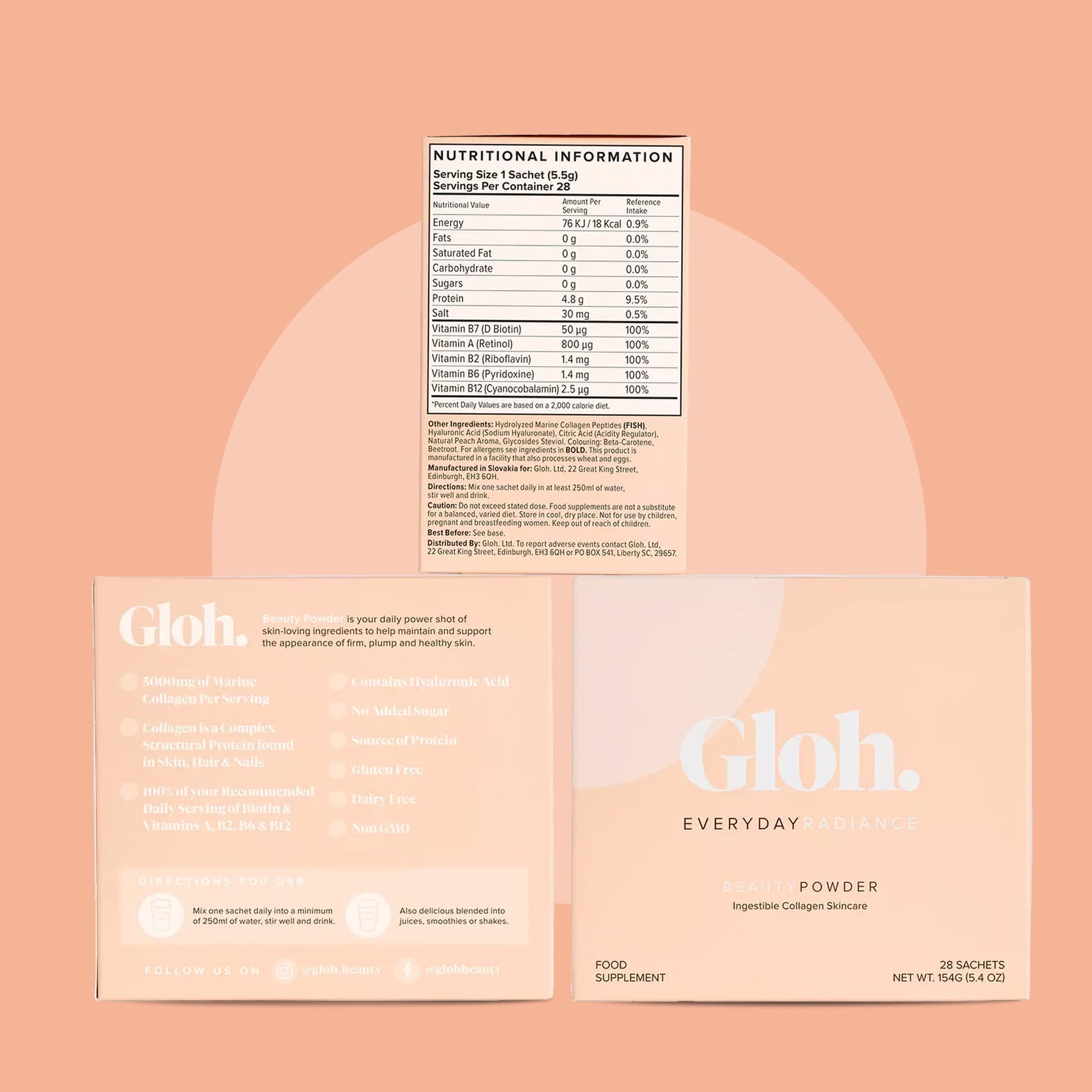 Gloh. Marine Collagen Powder for Women - Peach Flavor Collagen Supplements for Women with Hyaluronic Acid, Vitamin A, B2, B6 Gloh.