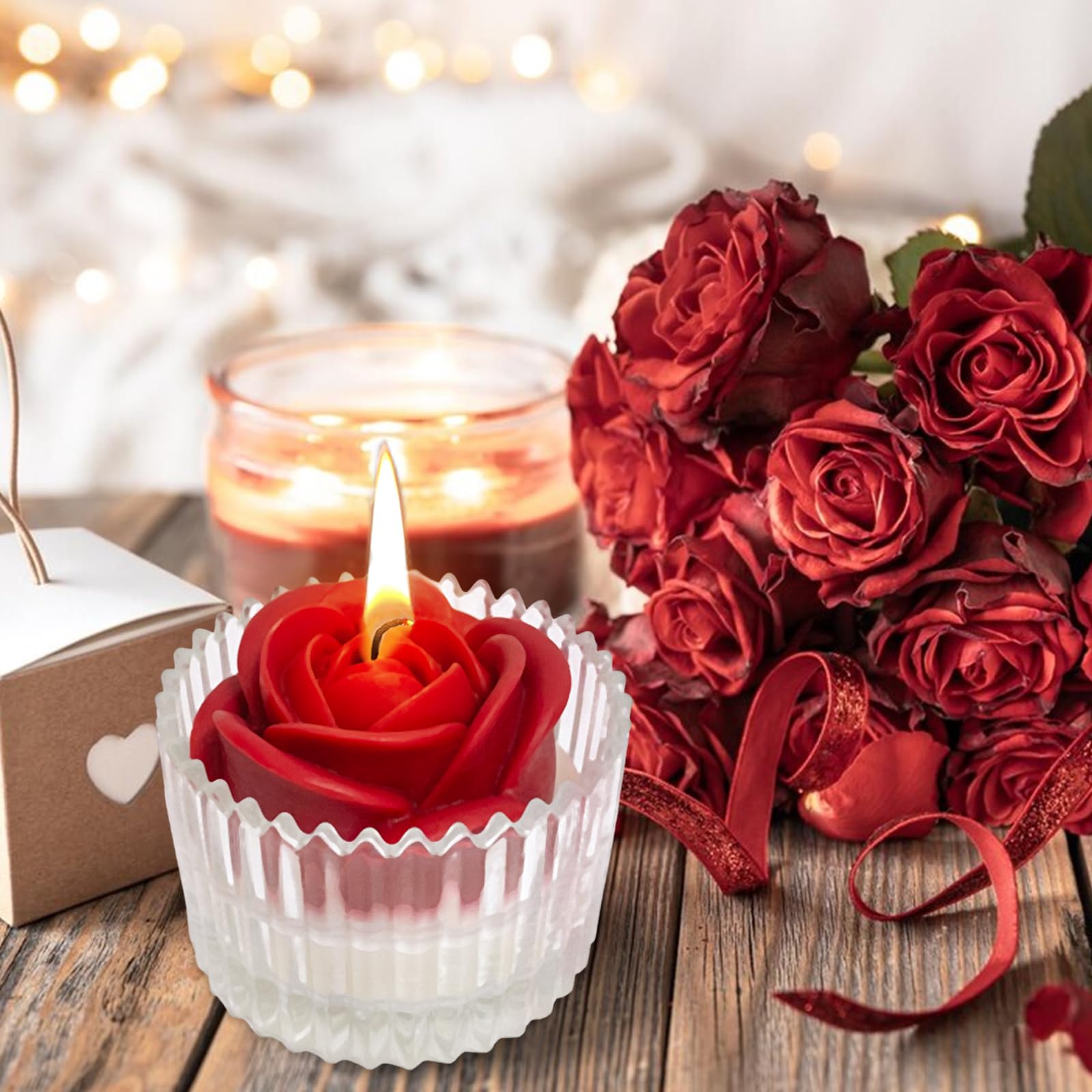 Red Rose Candle in Rippled Glass Jar for Valentine's Day Gifts, English Pear& Freesia Scented Candles Peytanger