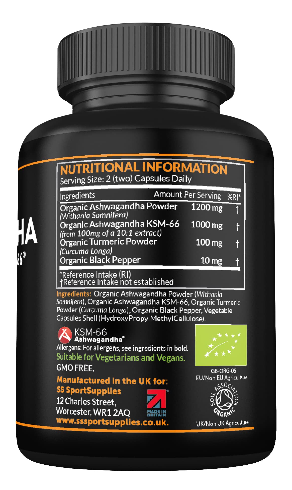 Organic Ashwagandha Capsules 1200mg Boosted with 100mg of Organic KSM-66 SS Sport Supplies