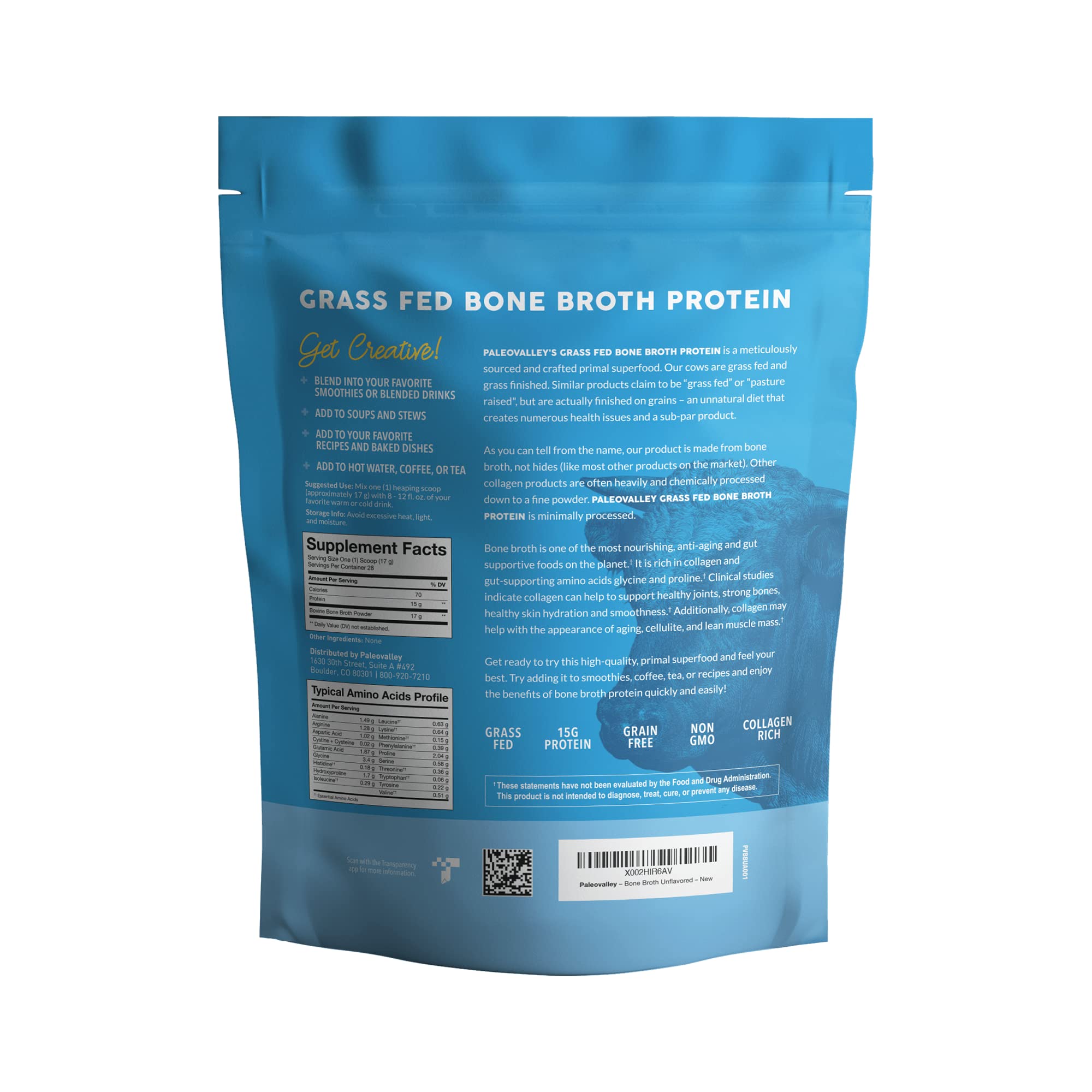 Paleovalley 100% Grass Fed Beef Bone Broth Protein Powder - Rich in Collagen Peptides Paleovalley