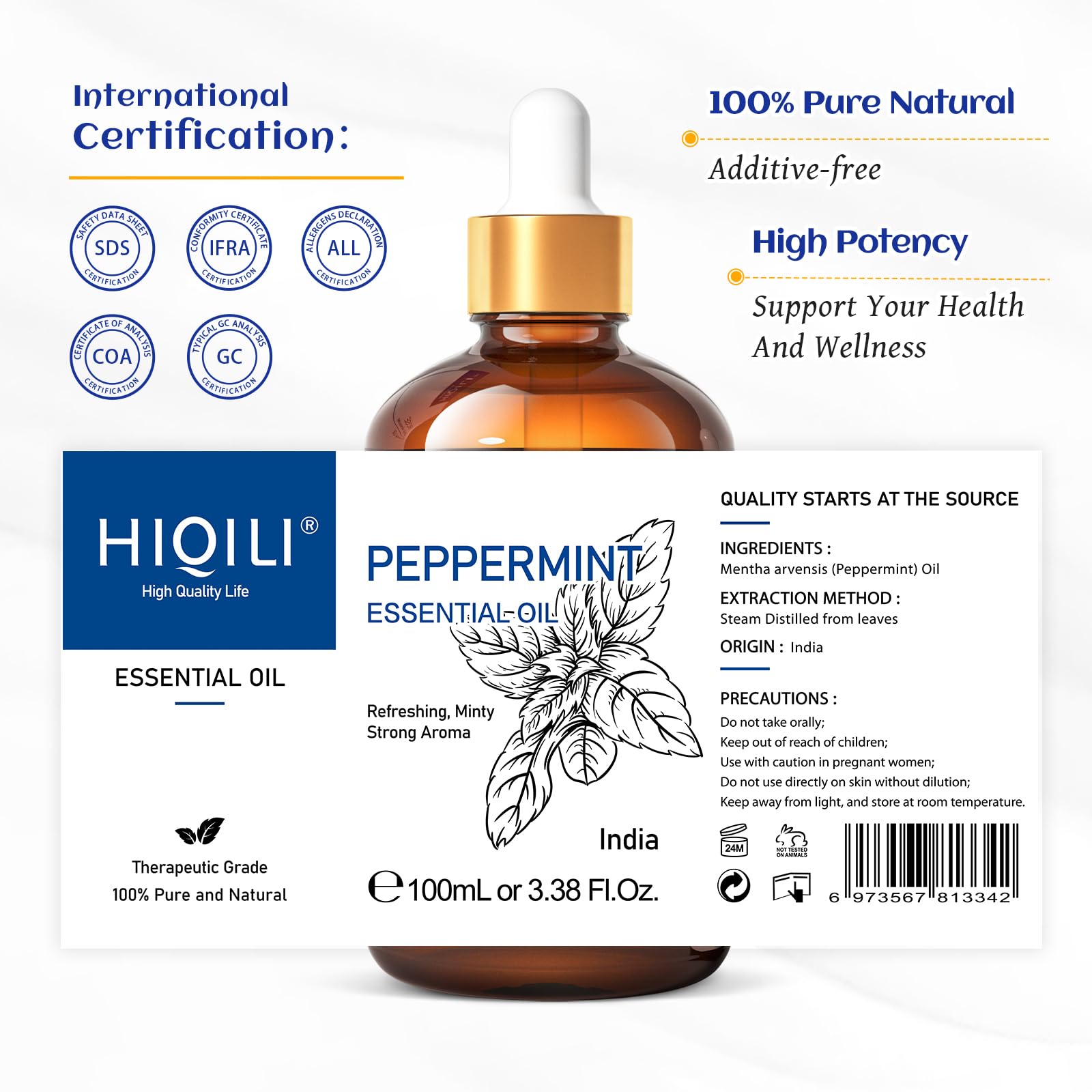 HIQILI Peppermint Essential Oil, 100% Pure Natural for Diffuser, Hair, Massage, Add to Spray HIQILI