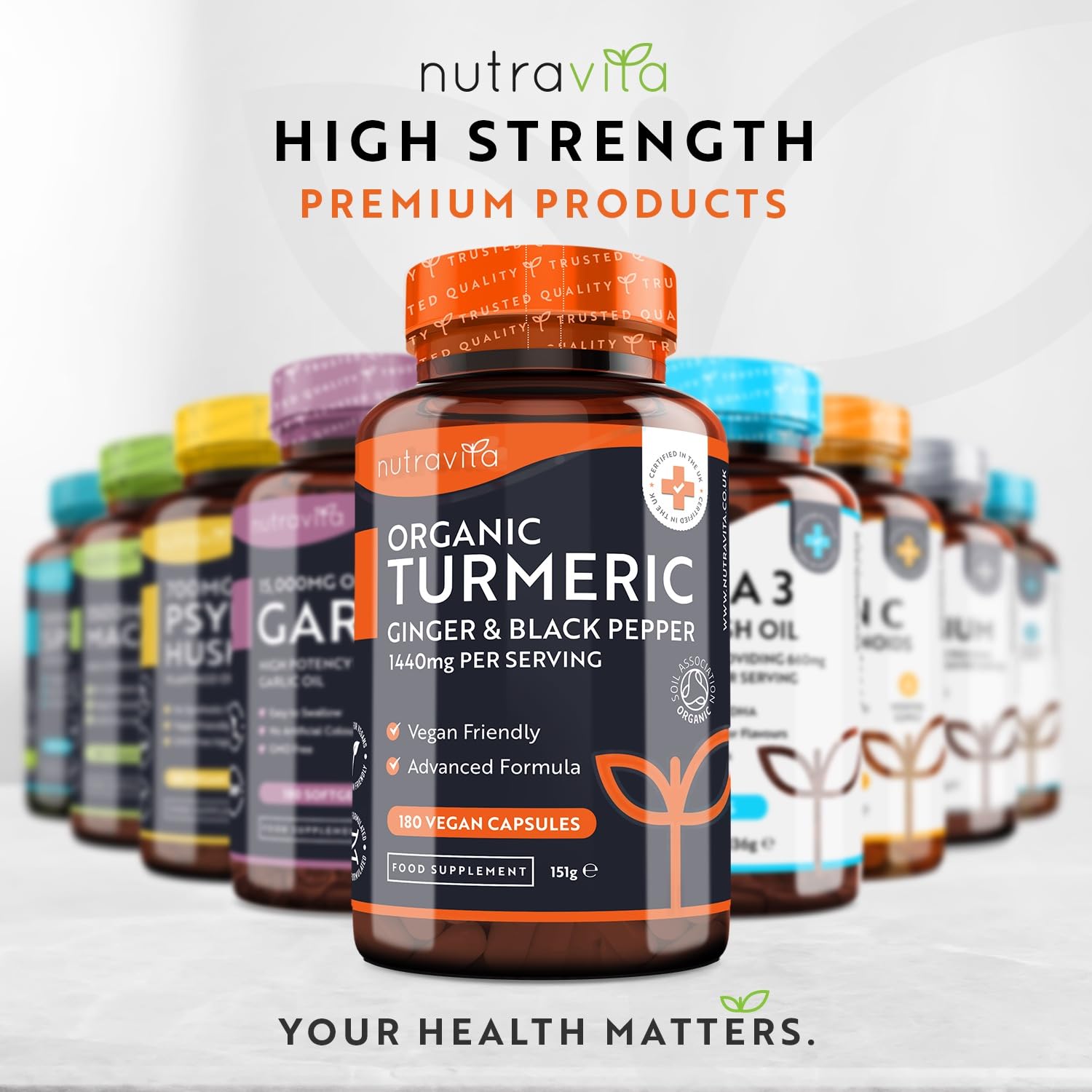 Organic Turmeric 1440mg (High Strength) with Black Pepper & Ginger - 180 Vegan Turmeric Nutravita