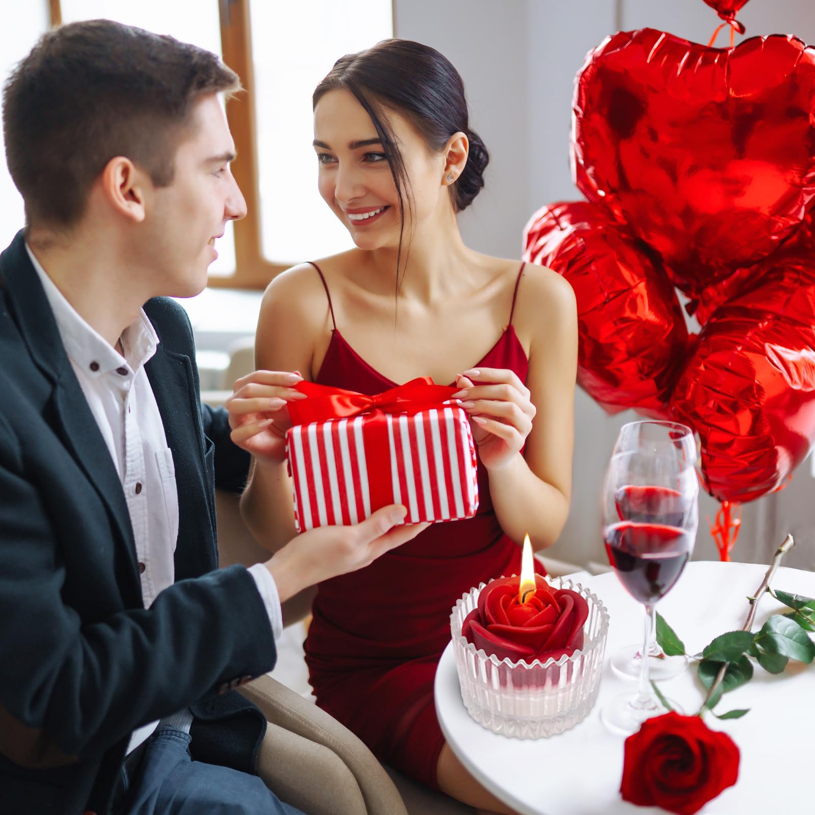 Red Rose Candle in Rippled Glass Jar for Valentine's Day Gifts, English Pear& Freesia Scented Candles Peytanger