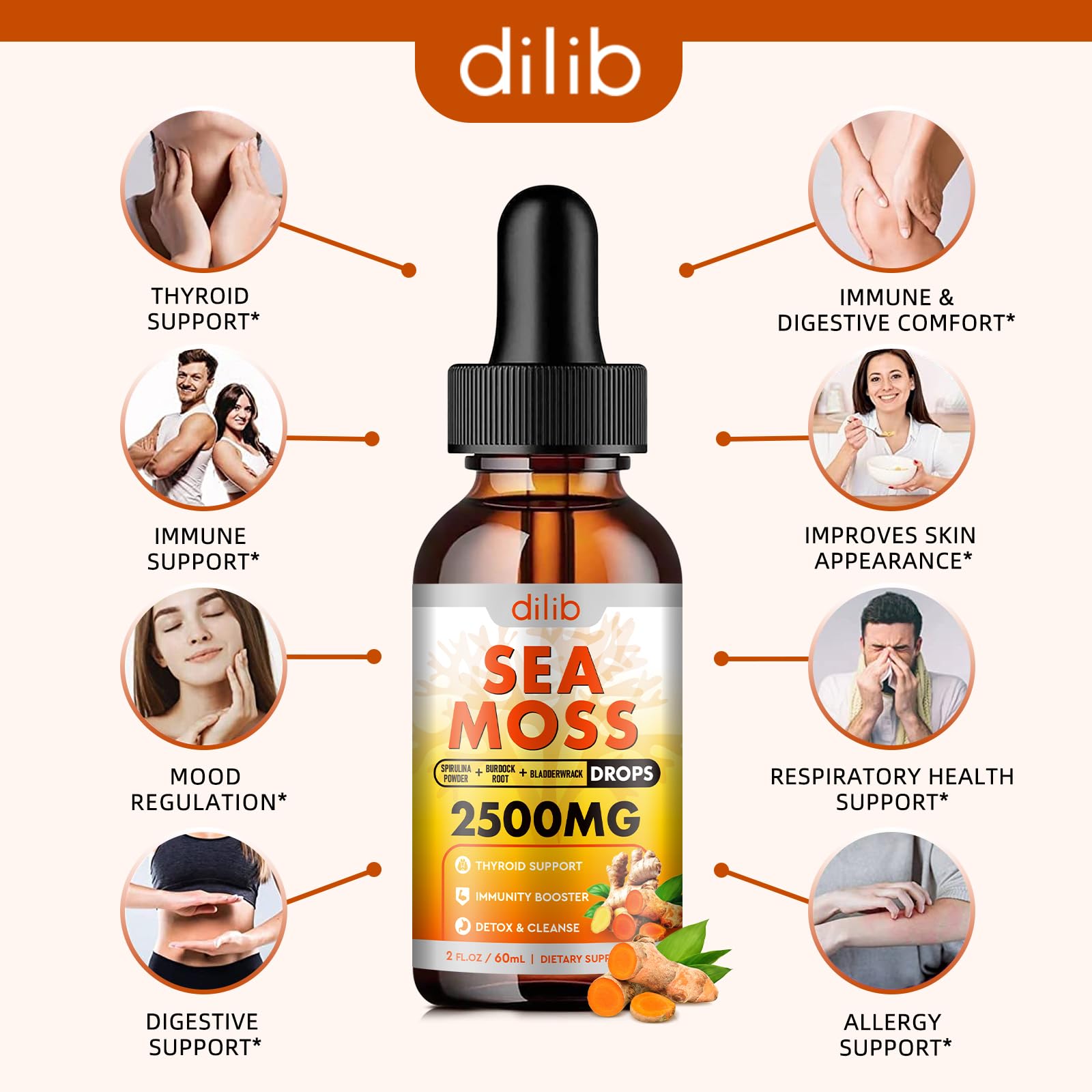 Sea Moss Liquid Drops: Organic Irish Sea Moss 2500mg with Turmeric, Bladderwrack dilib