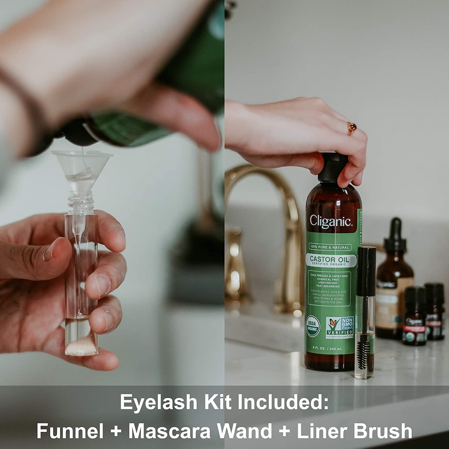 Cliganic USDA Organic Castor Oil, 100% Pure (8oz with Eyelash Kit) - For Eyelashes, Eyebrows, Hair & Skin Cliganic