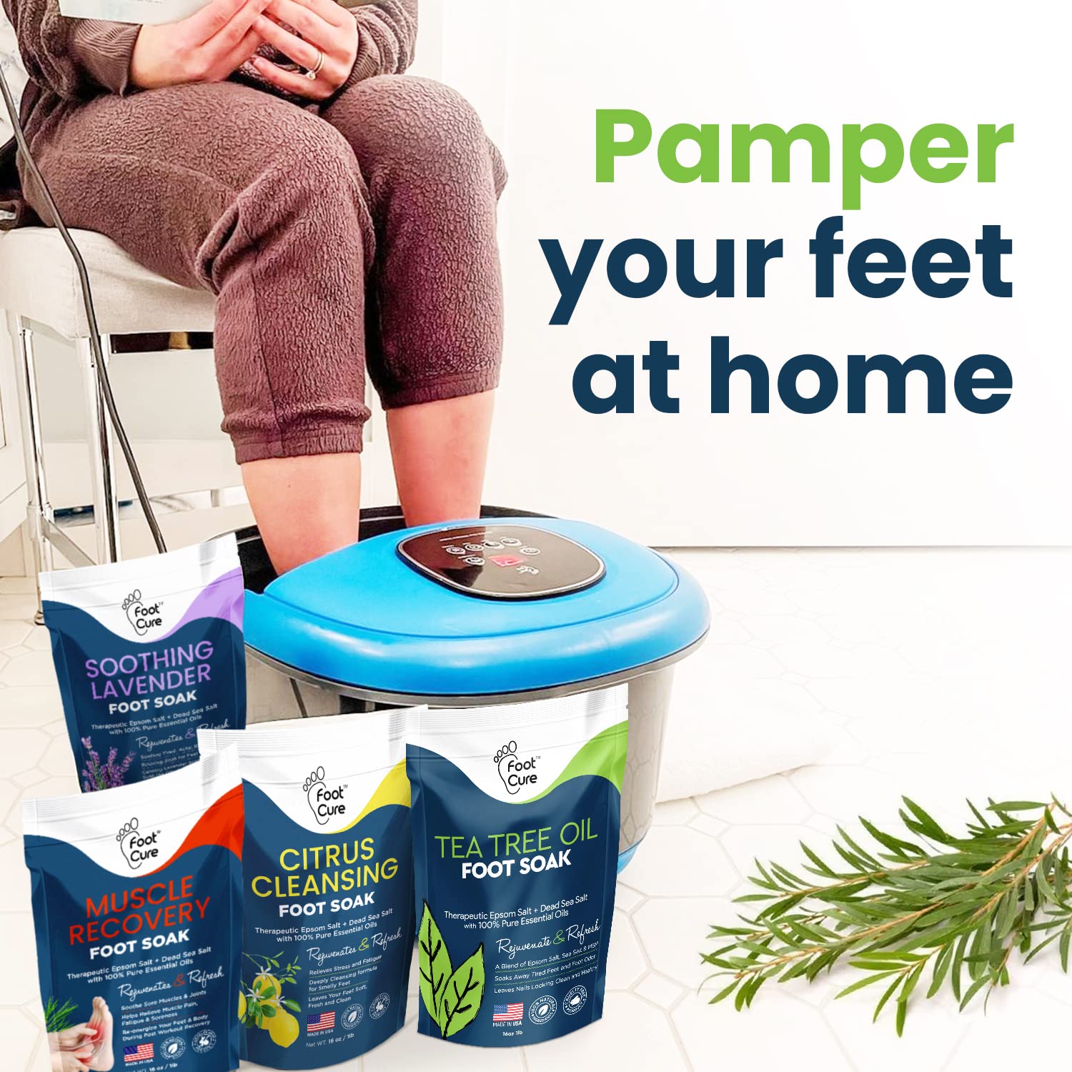 Foot Soak with Epsom Salts- Variety Pack of 4- Tea Tree Oil, Muscle Relief, Calming FOOT CURE